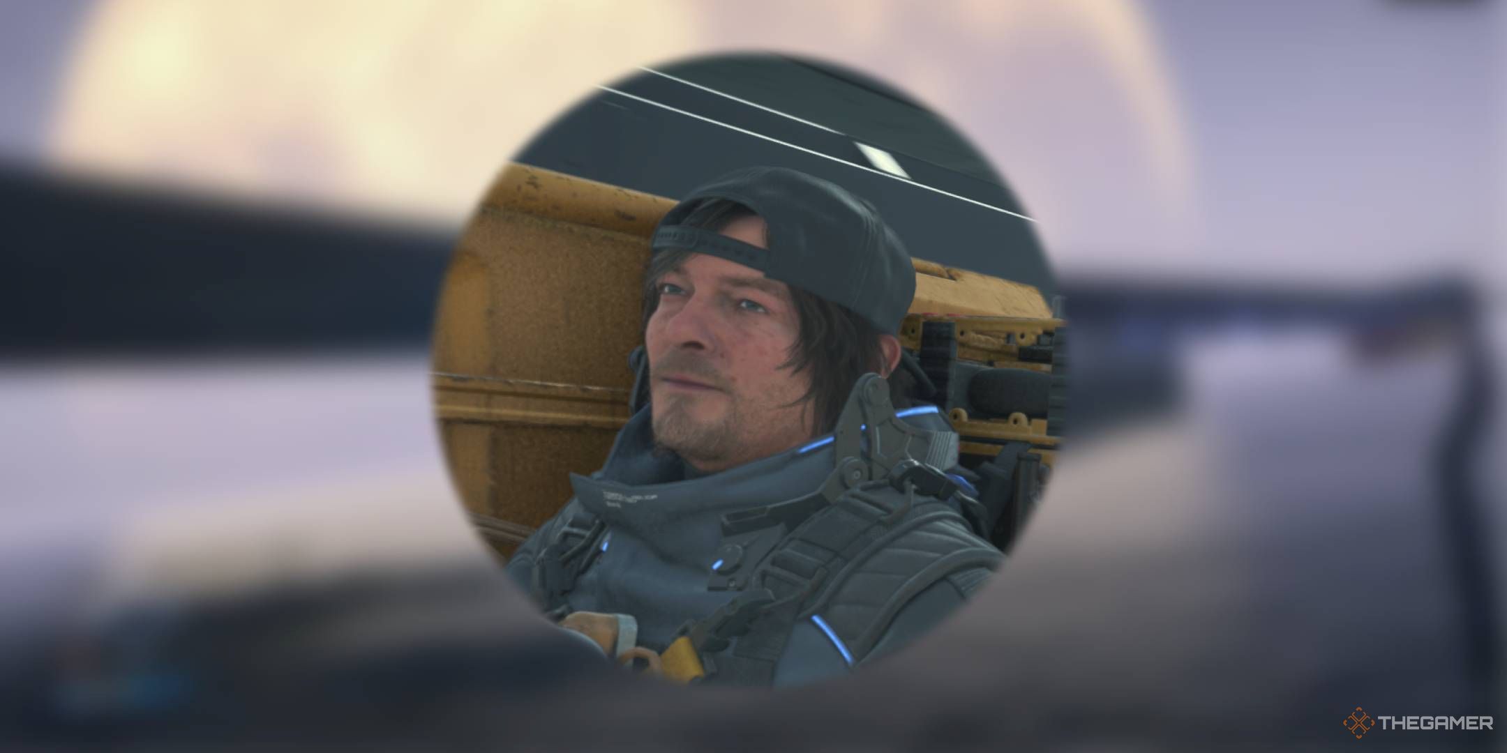 Sam riding a monorail with a blurred monorail line in the background from Death Stranding 2 On The Beach.