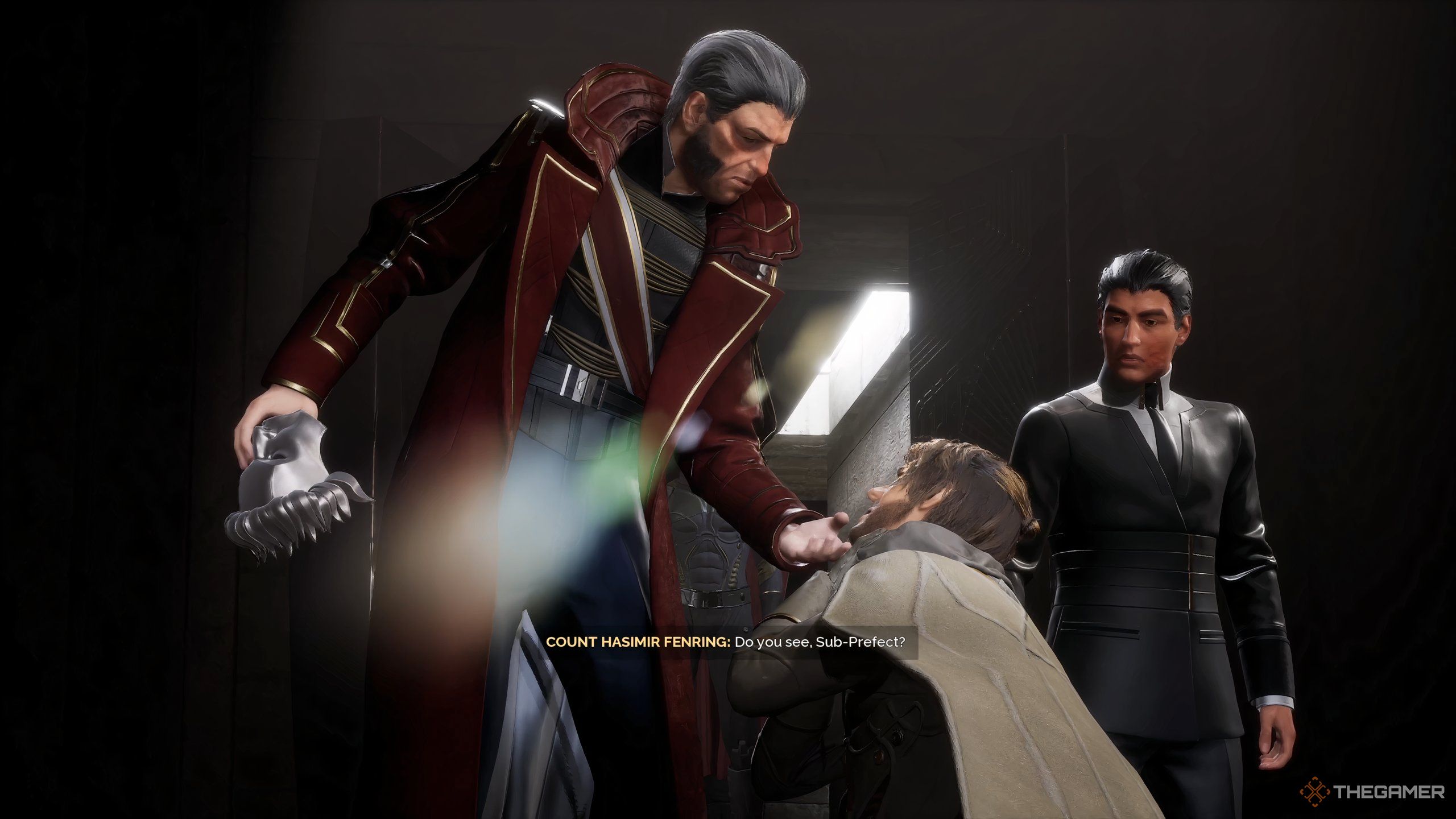 Count Fenring interrogates a player character in Dune: Awakening. 
