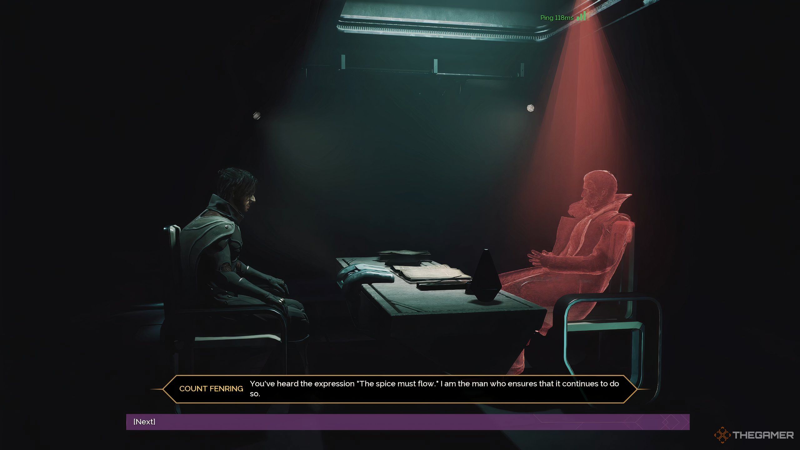 Count Fenring interrogates a player-character in Dune: Awakening via a hologram. 