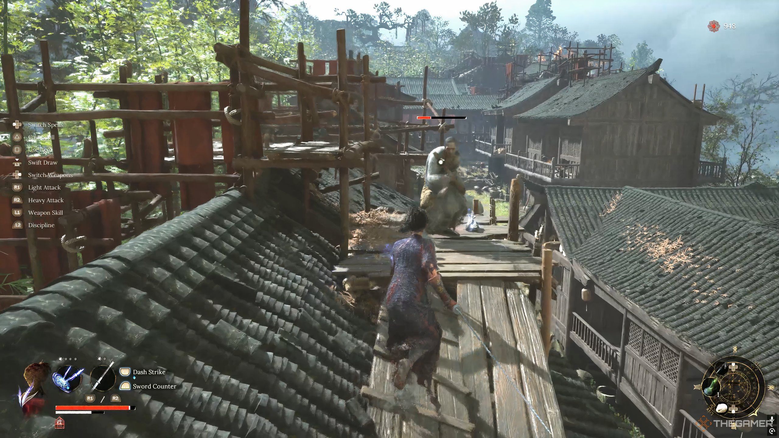 Wuchang attacks an enemy on a rooftop in Wuchang: Fallen Feathers.