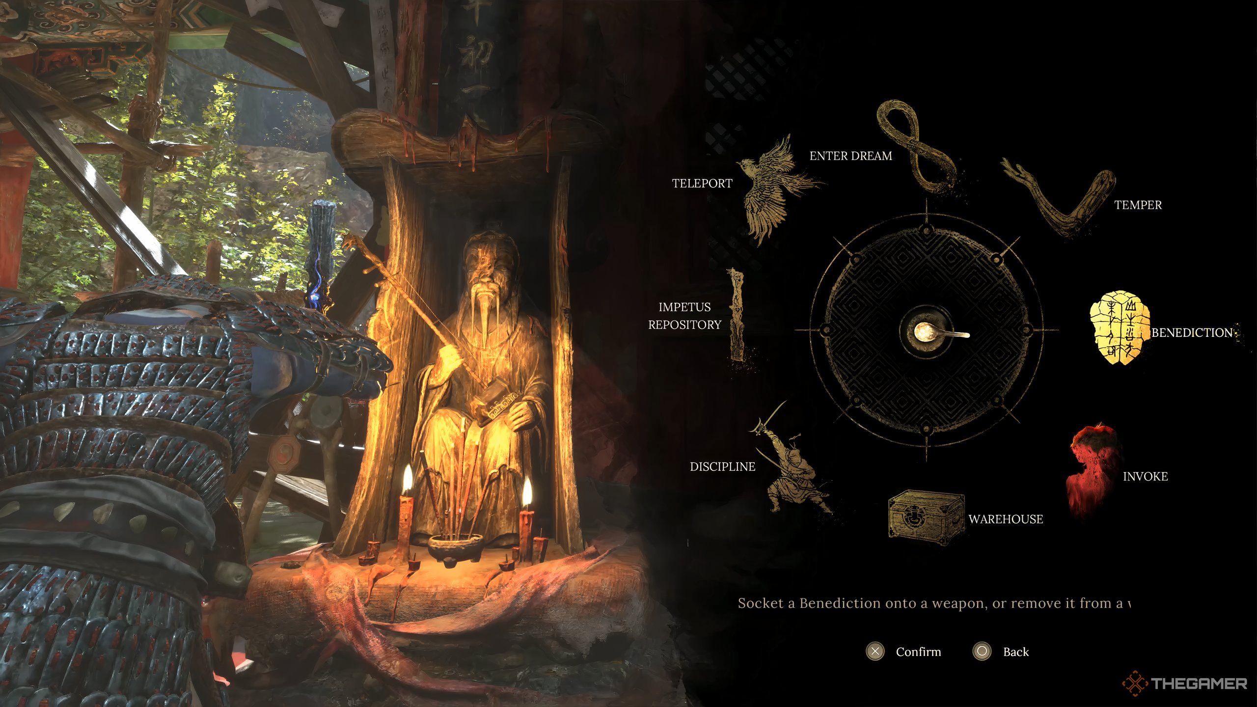 Wuchang praying at a shrine and toggling to the Benedictions UI in Wuchang: Fallen Feathers.
