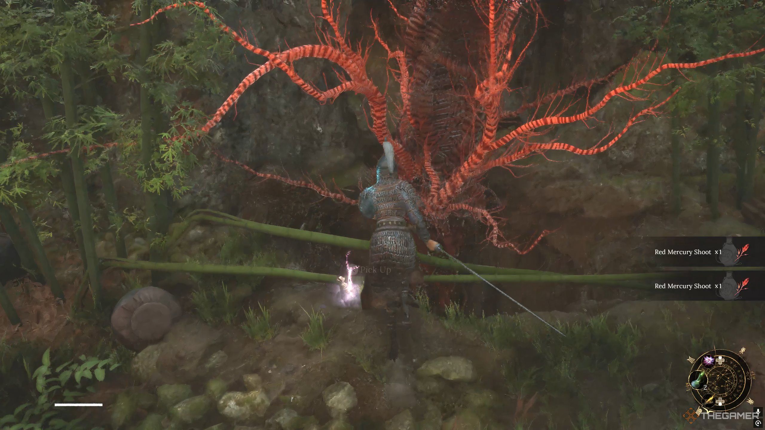 Wuchang finds a Red Mercury item in Wuchang: Fallen Feathers underneath a glowing red tree.