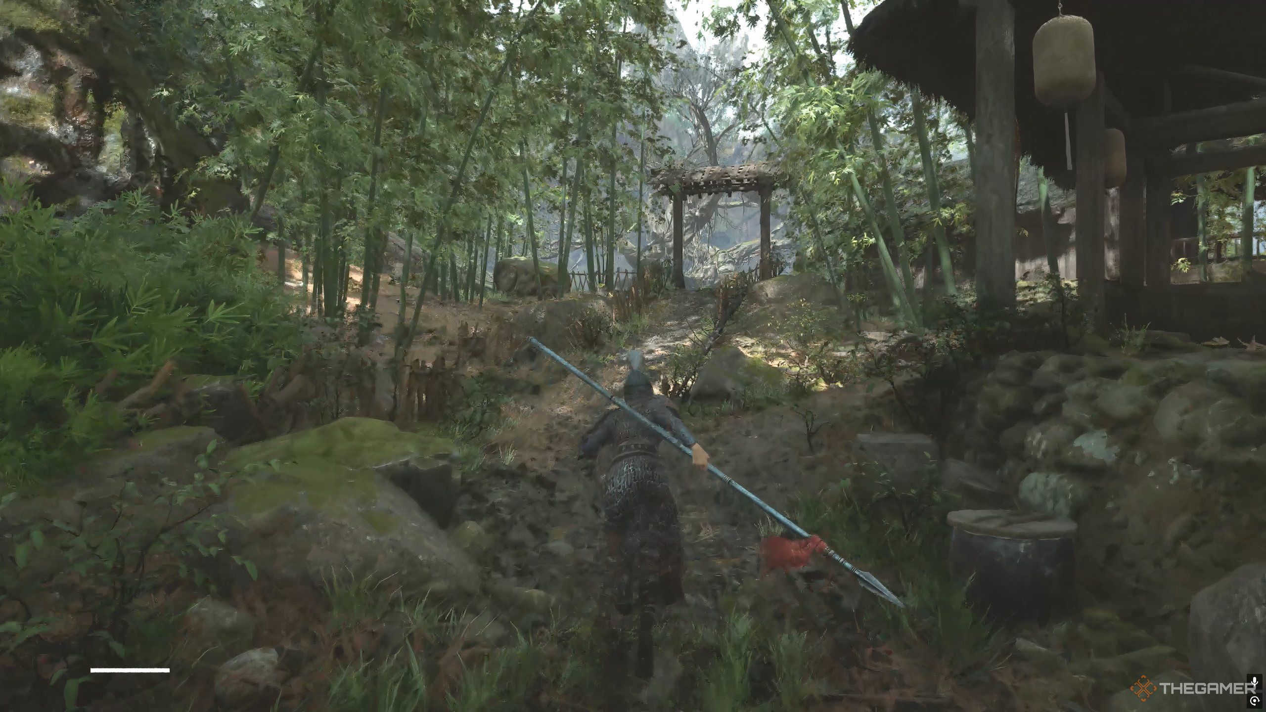 Wuchang running through a forest with a spear in Wuchang: Fallen Feathers.
