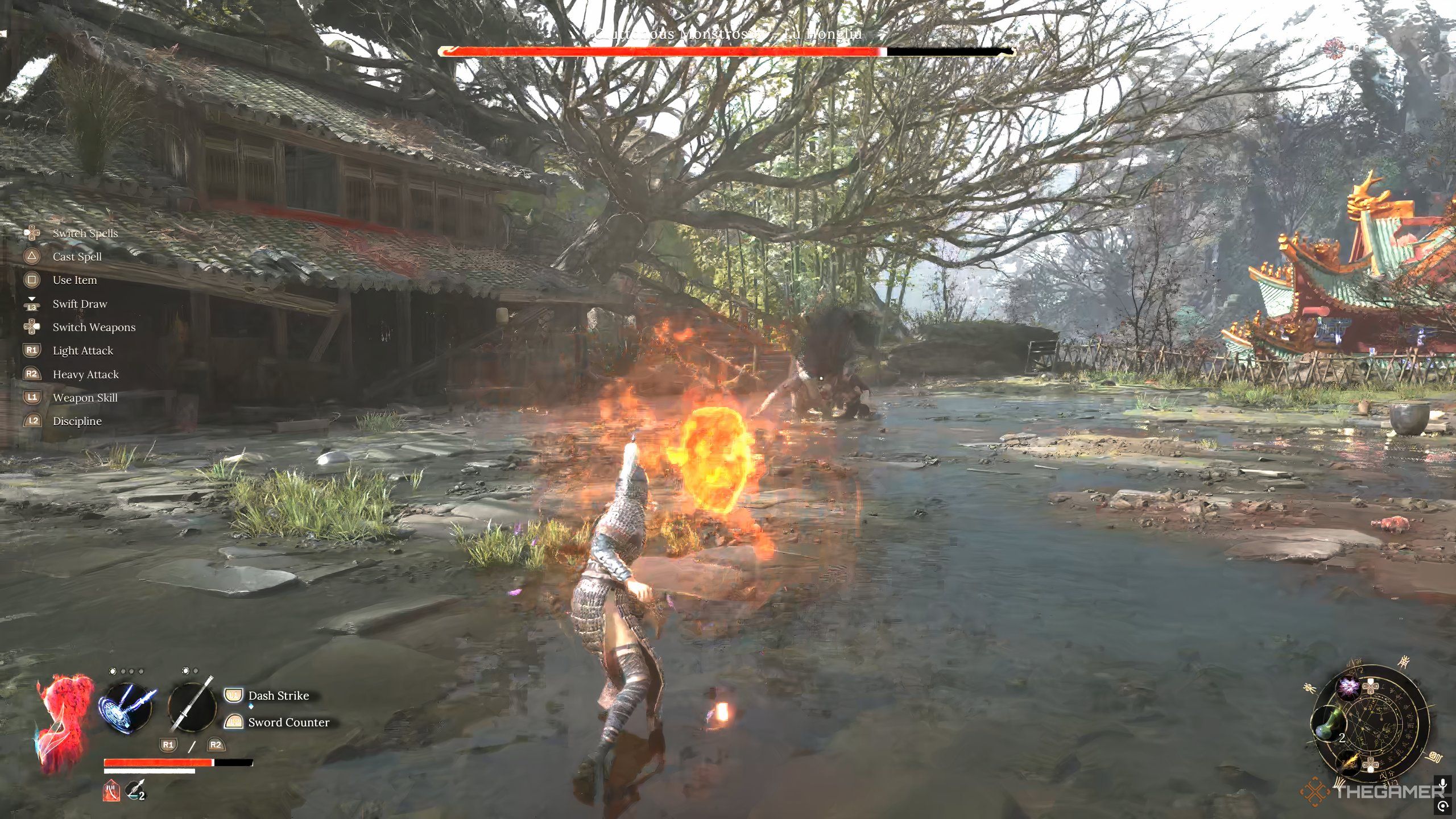 Wuchang casting a ranged-fire spell at a boss in Wuchang: Fallen Feathers.