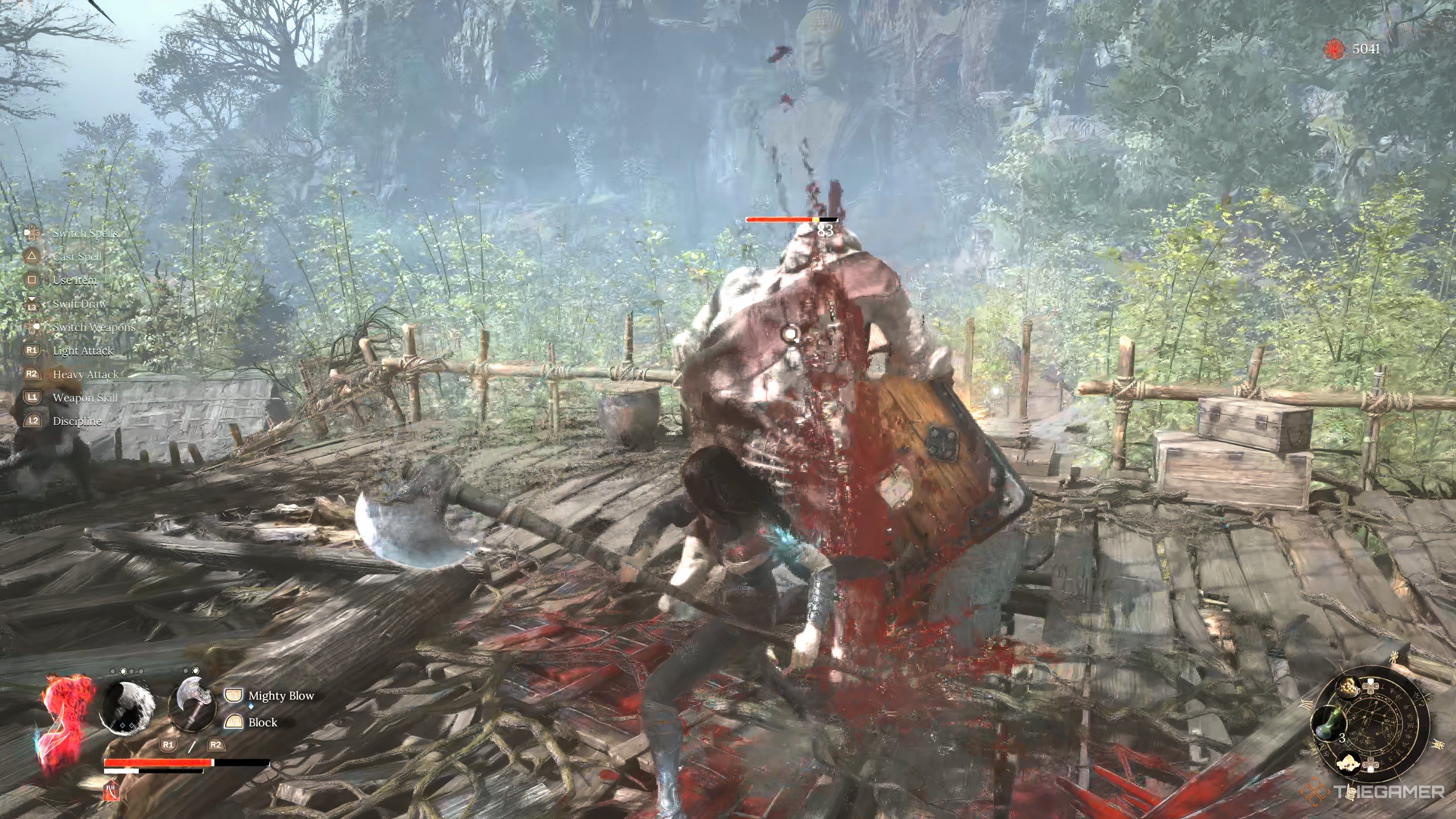 Wuchang swinging an axe at an ogre in Wuchang: Fallen Feathers.