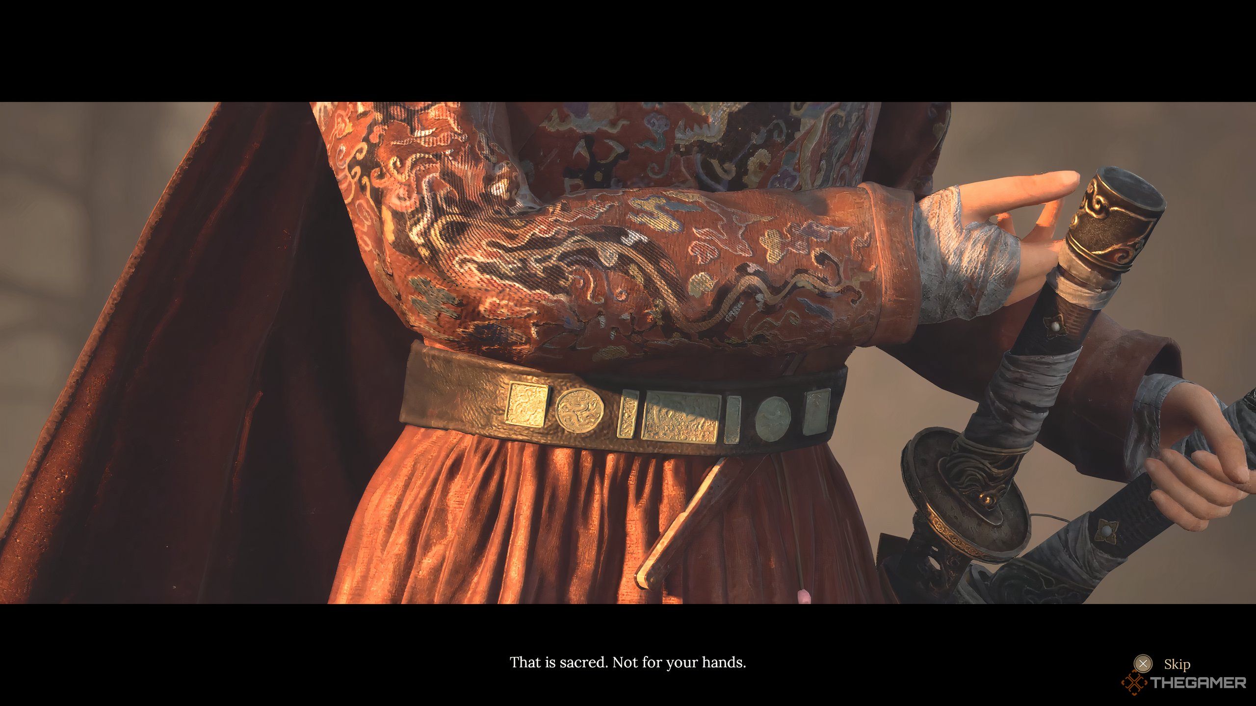 A boss in Wuchang: Fallen Feathers preparing to draw her swords.