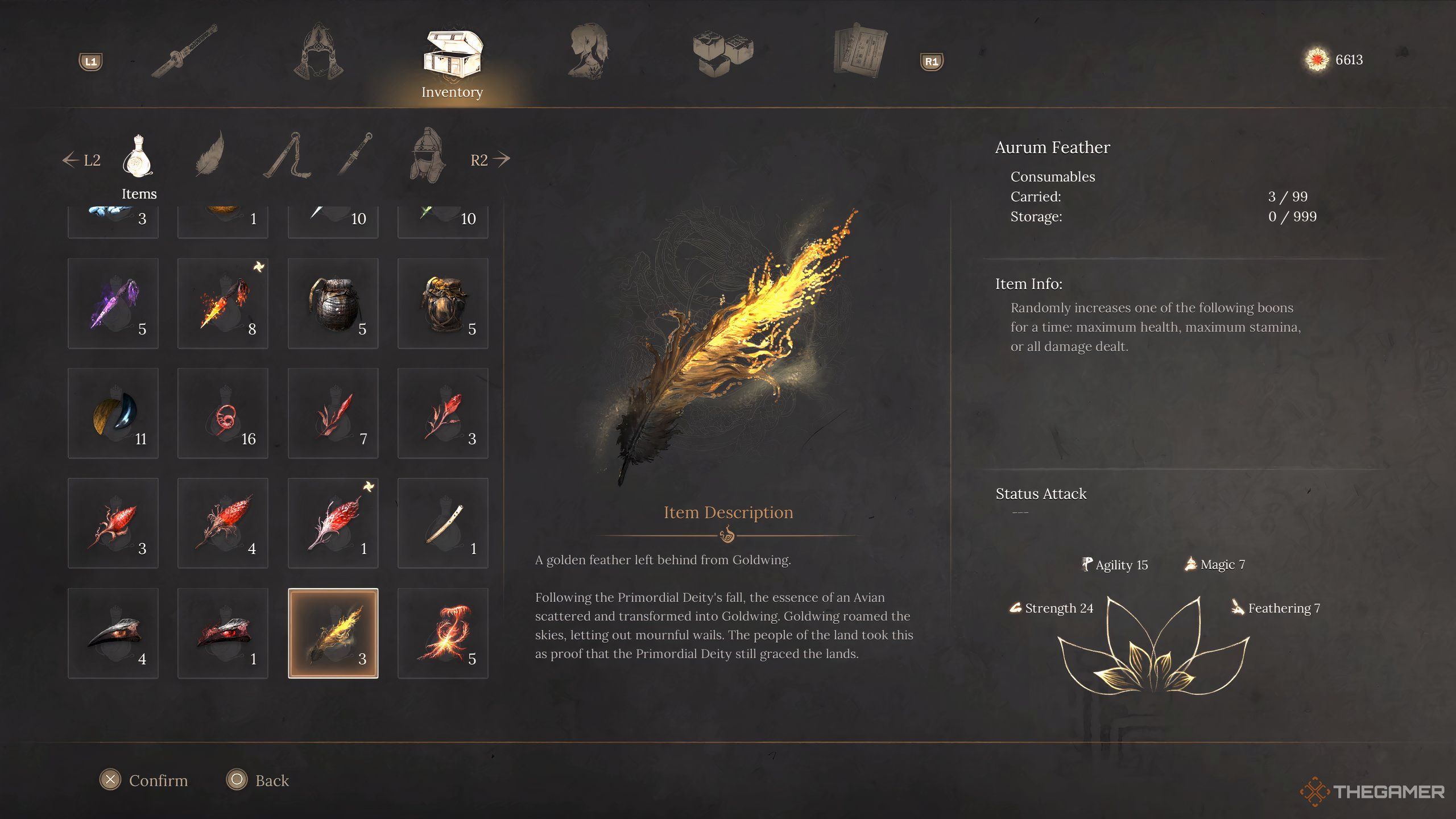 The menu UI screen for Wuchang: Fallen Feathers showing an Aurum Feather.