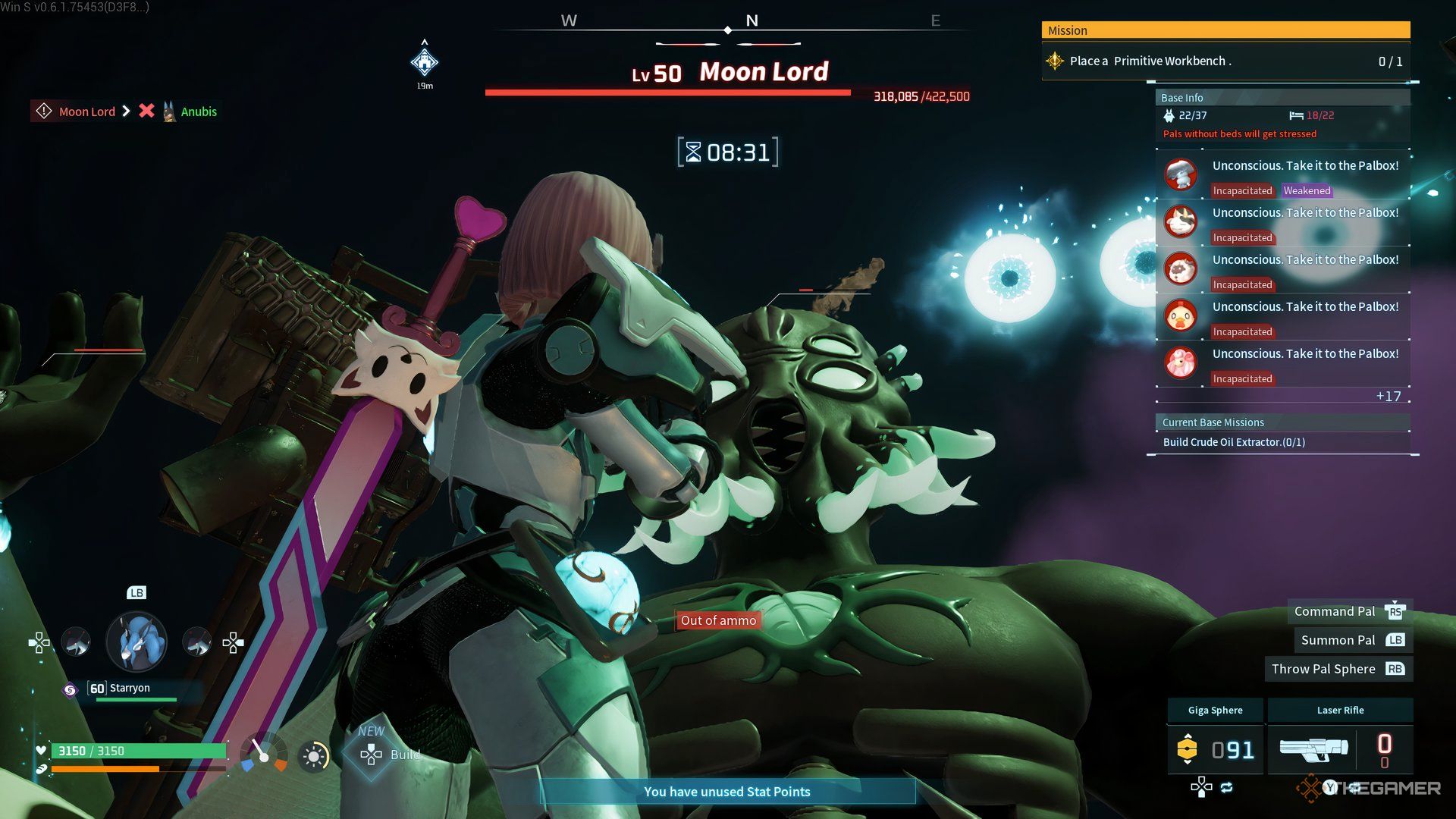 The player is aiming at The Moon Lord in Palworld.