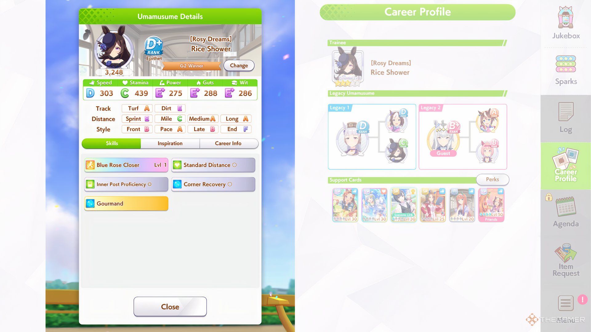 Rice Shower overview is shown in Umamusume: Pretty Derby.