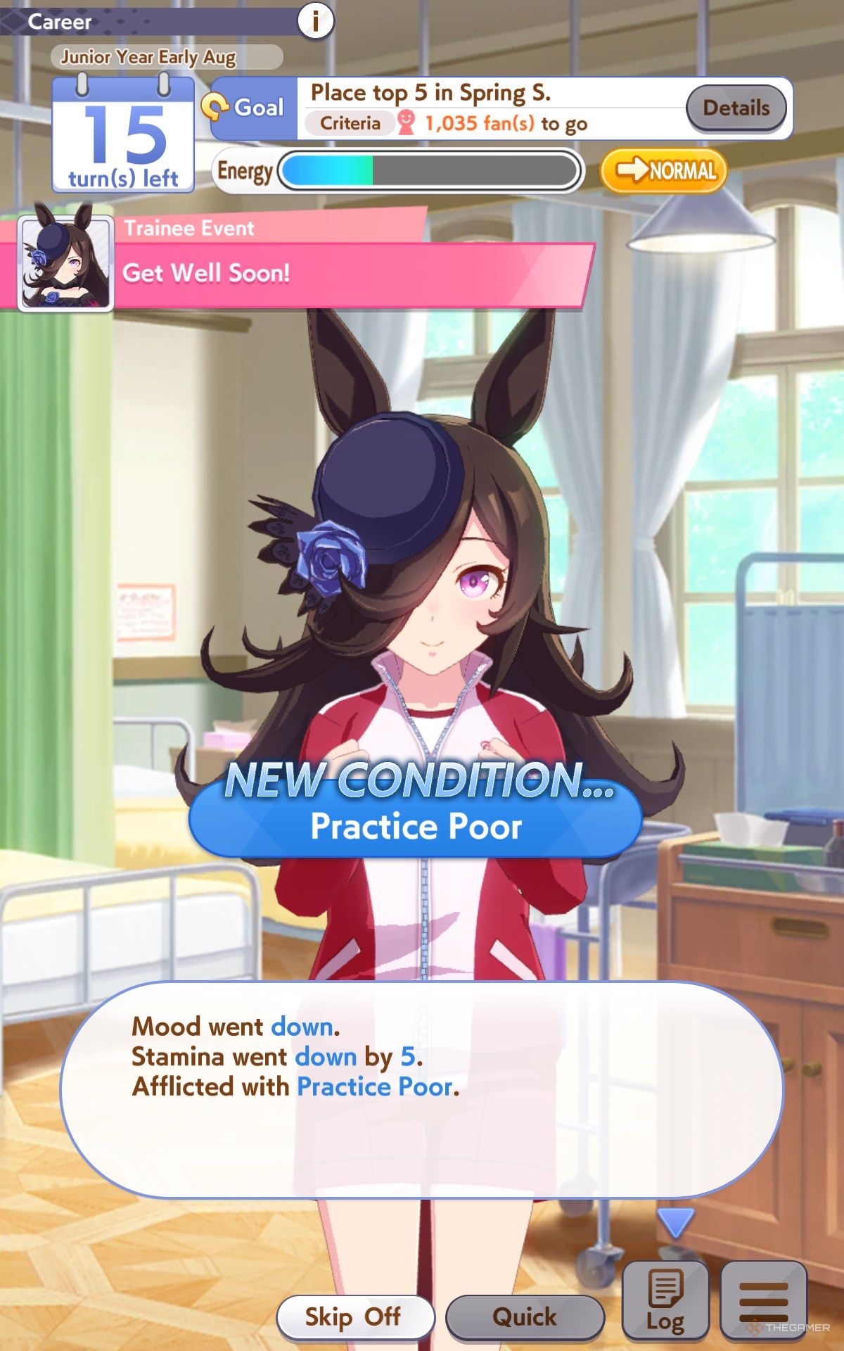 Rice Shower being affected by the Practice Poor Condition and getting negative stats for it in Umamusume: Pretty Derby.