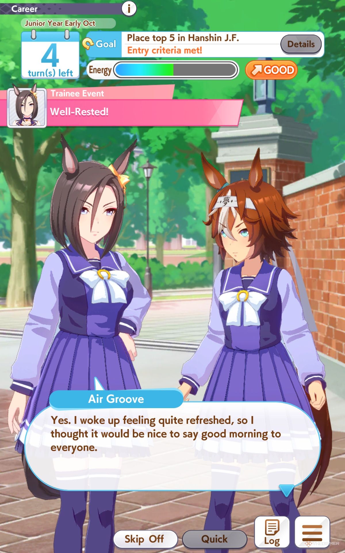 Air Groove talking to another Umamusume during a Trainee Event in Umamusume: Pretty Derby,
