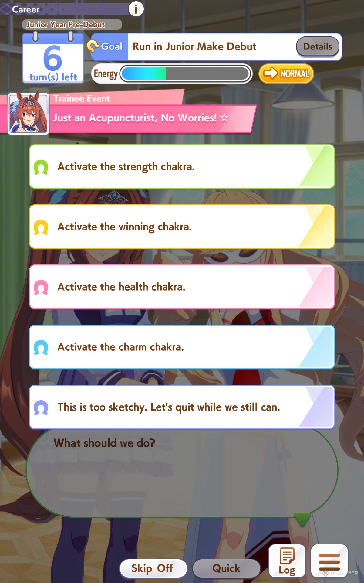 A list of five different dialogue options during the Acupuncturist Event in Umamusume: Pretty Derby.