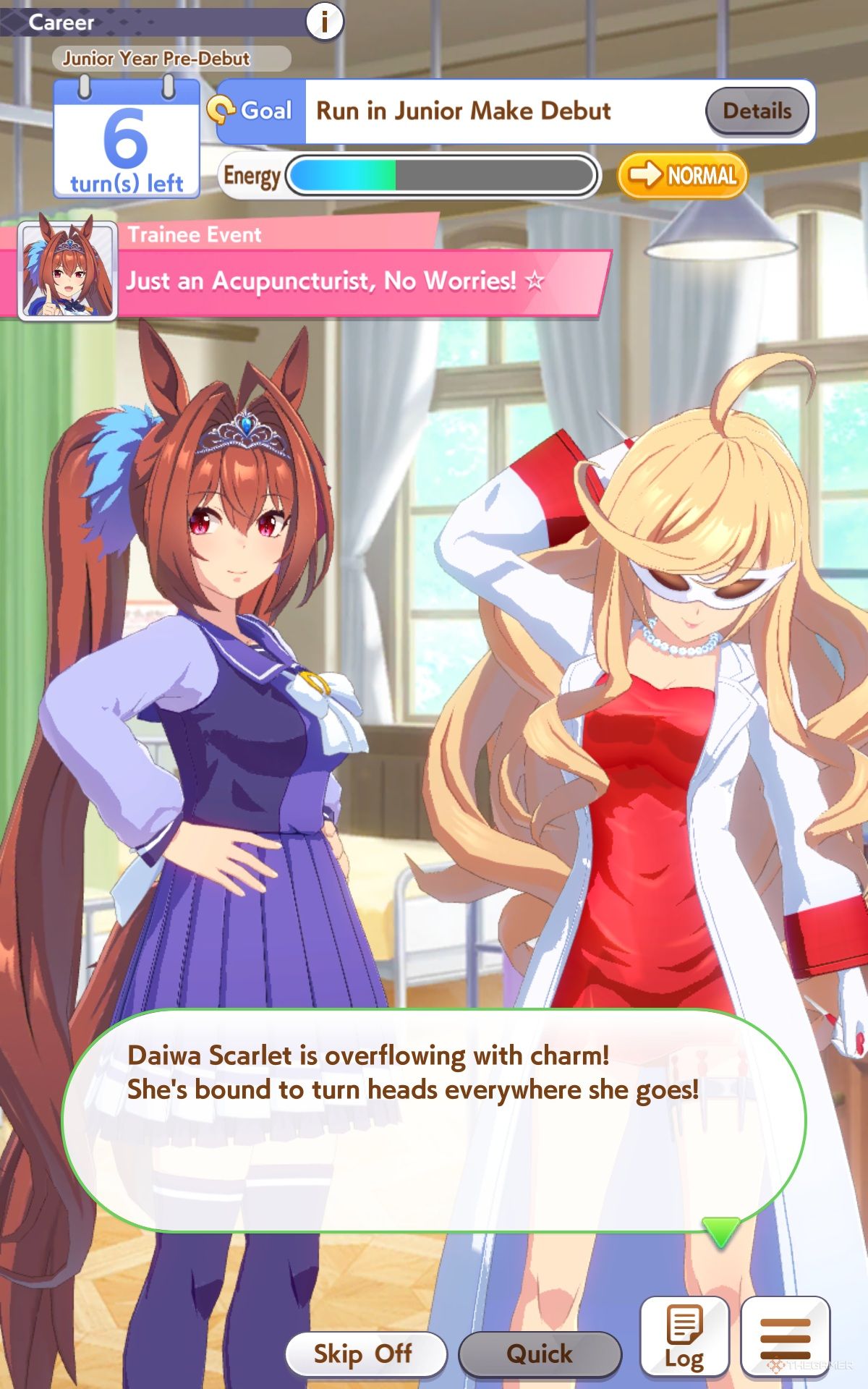 Daiwa Scarlet receiving Charm Chakra acupuncture from Sasami Anshikawa and it coming out successful in Umamusume: Pretty Derby.