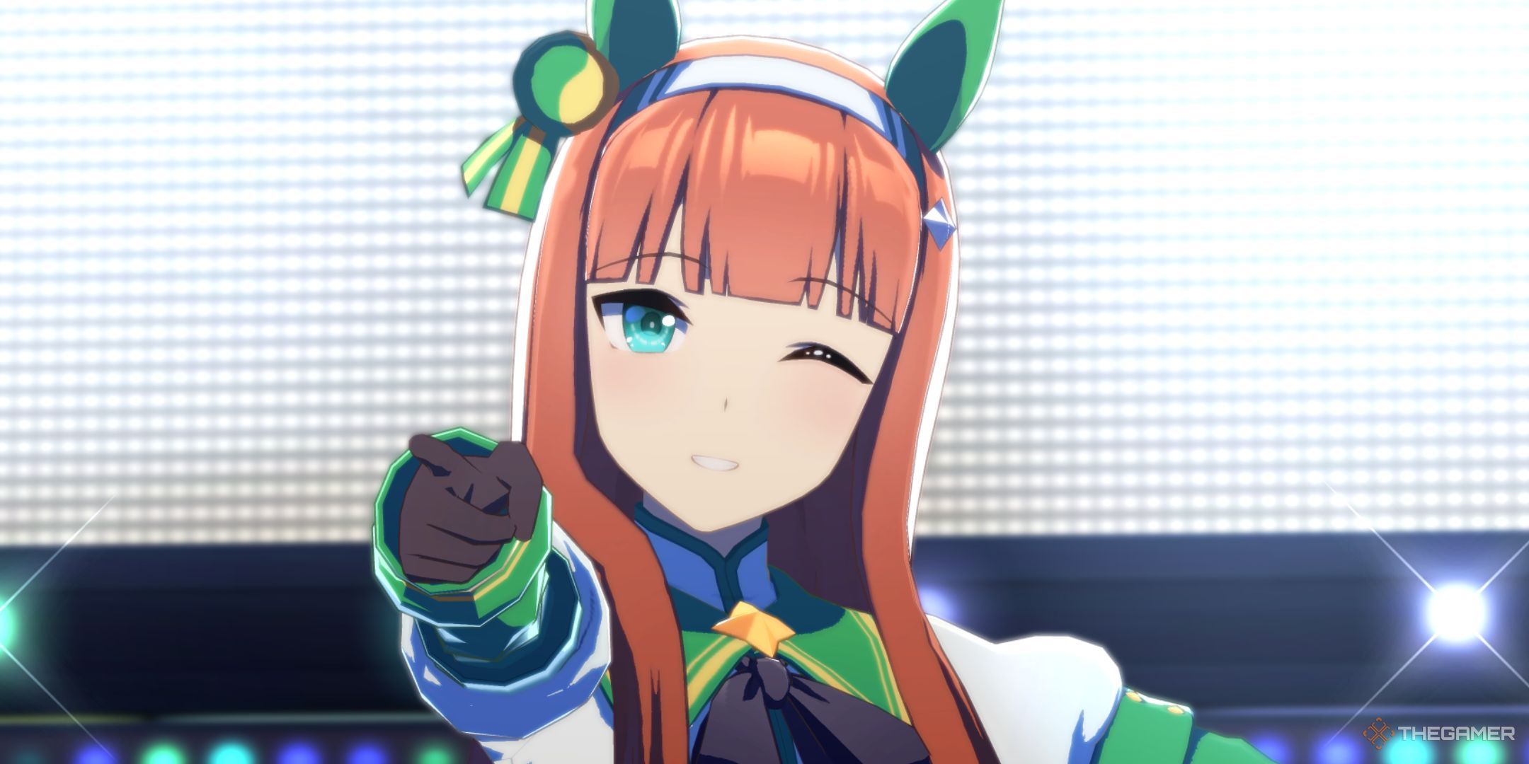 Silence Suzuka points at you with sparkles behind her in Umamusume Pretty Derby.