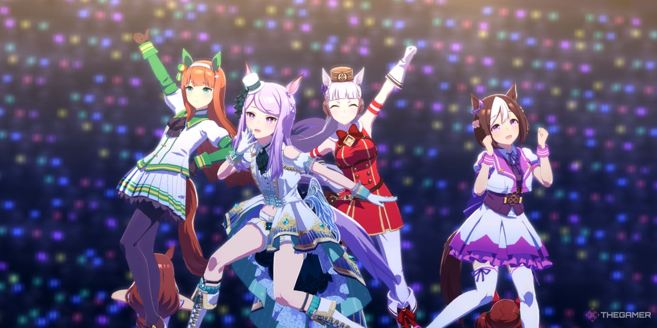 Silence Suzuka, Mejiro Mcqueen. Gold Ship and Special Week are shown in Umamusume Pretty Derby.