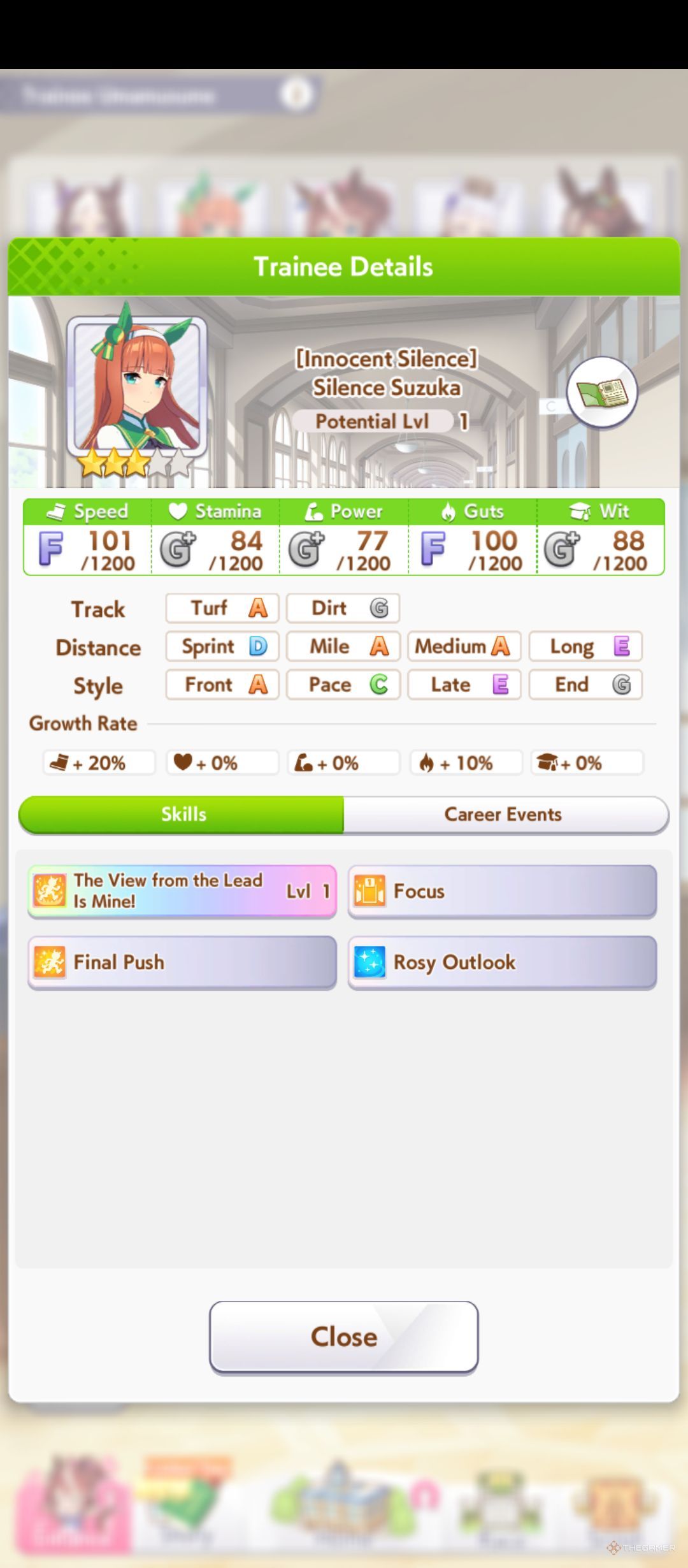 Silence Suzuka Overview table details in Umamusume Pretty Derby.