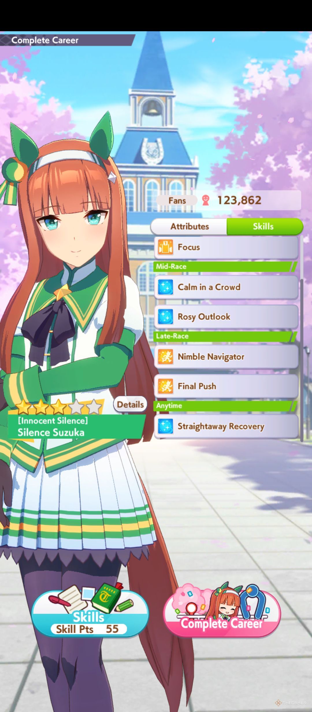 Silence Suzuka skills are shown in Umamusume Pretty Derby.