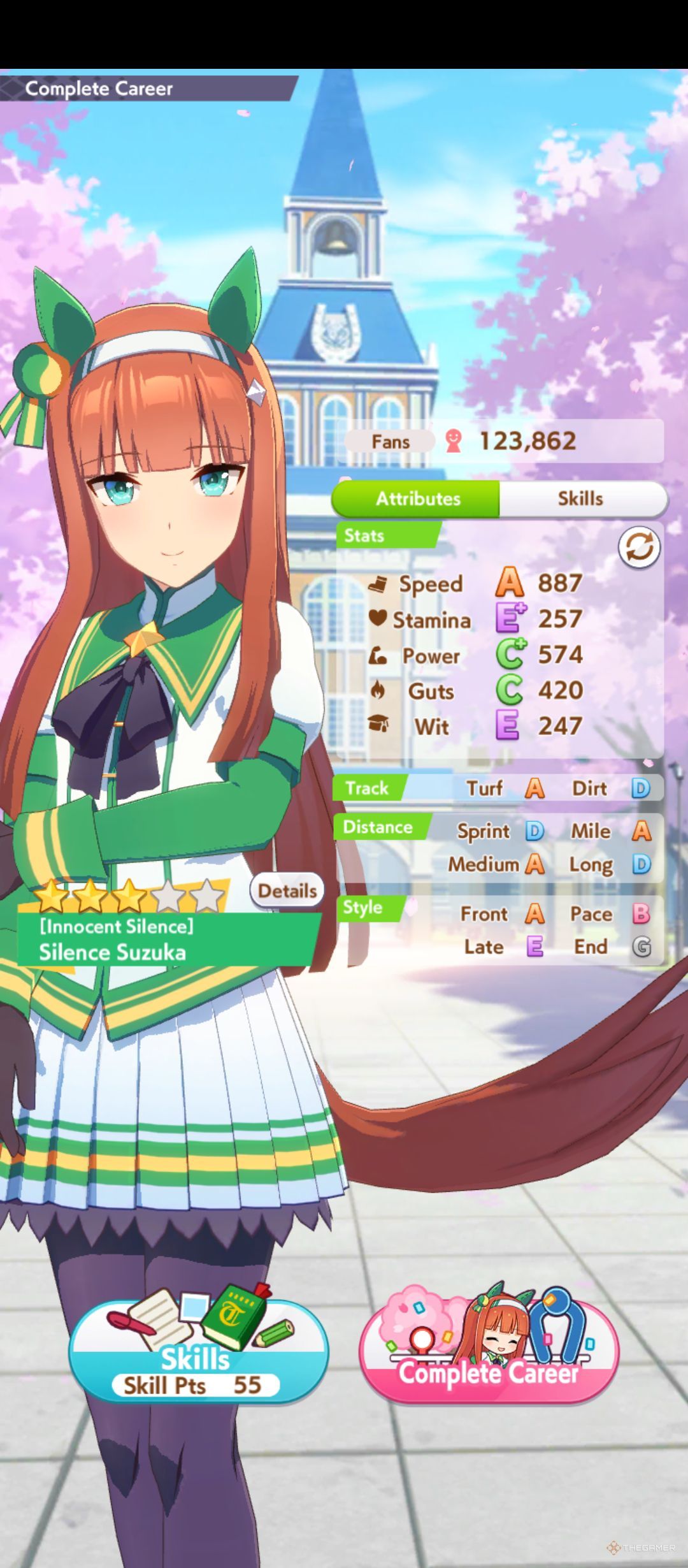 Silence Suzuka stats are shown with her character in the background in Umamusume Pretty Derby.