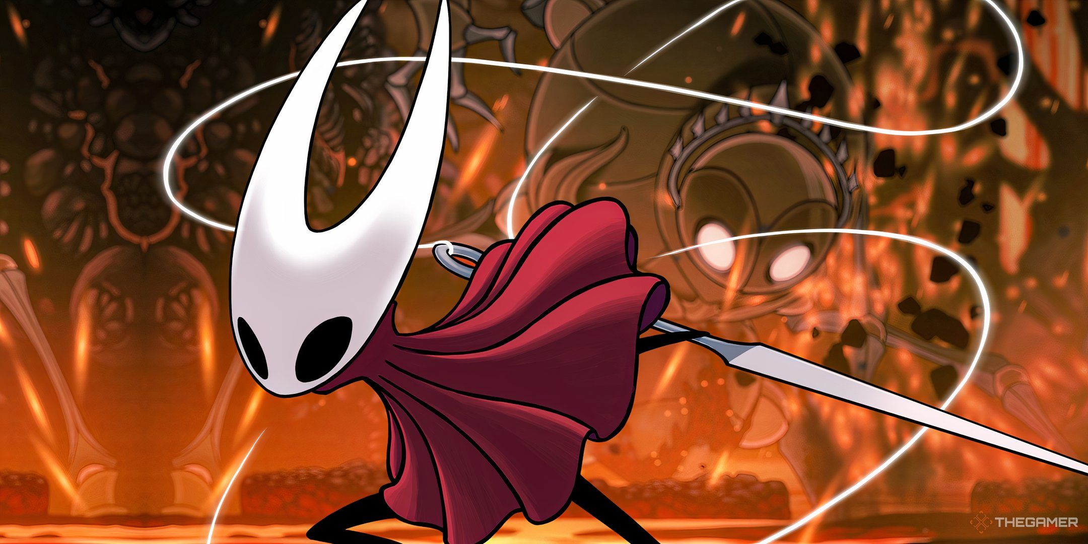 Silksong standing in front of a fiery backdrop and a boss.