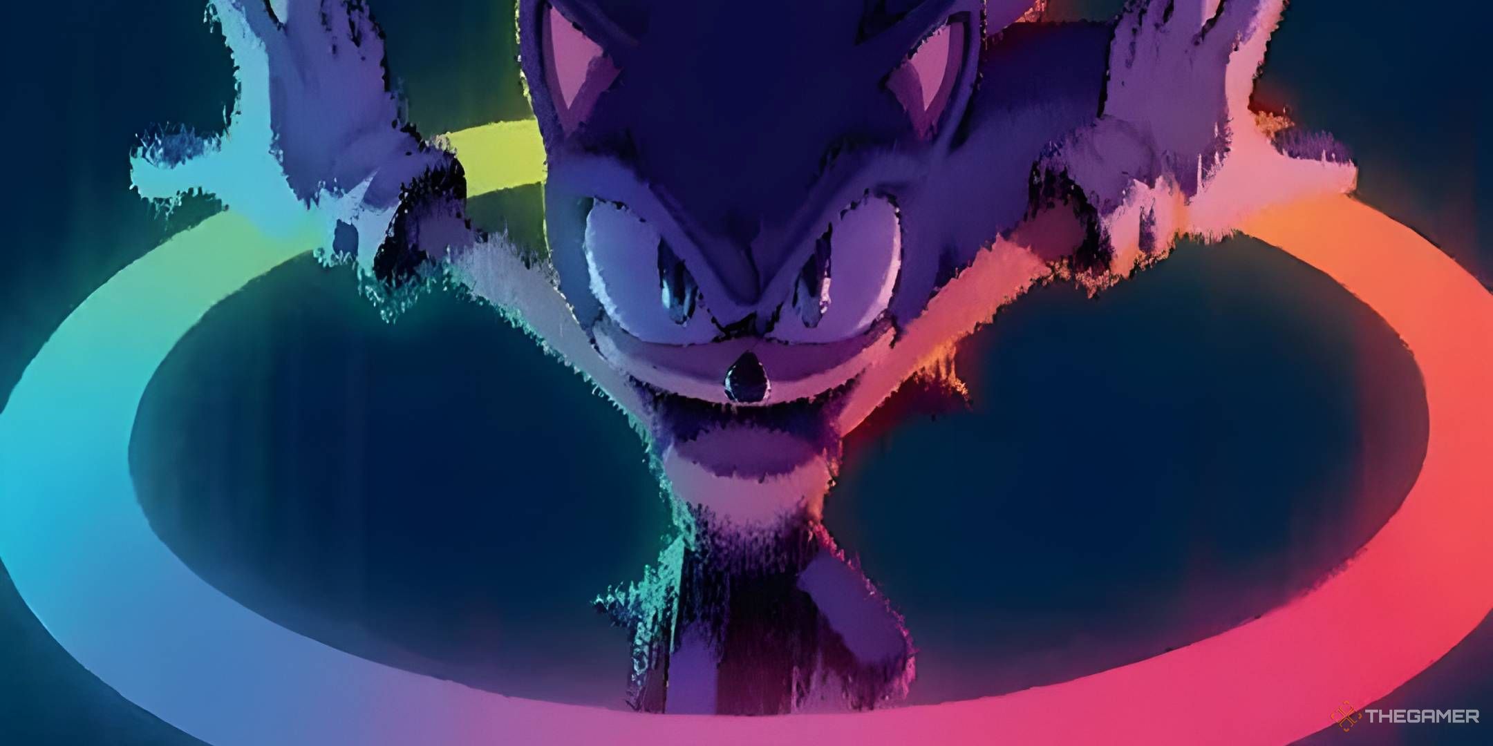 Sonic the Hedgehog jumps through a multi-colored ring, looking at the viewer.