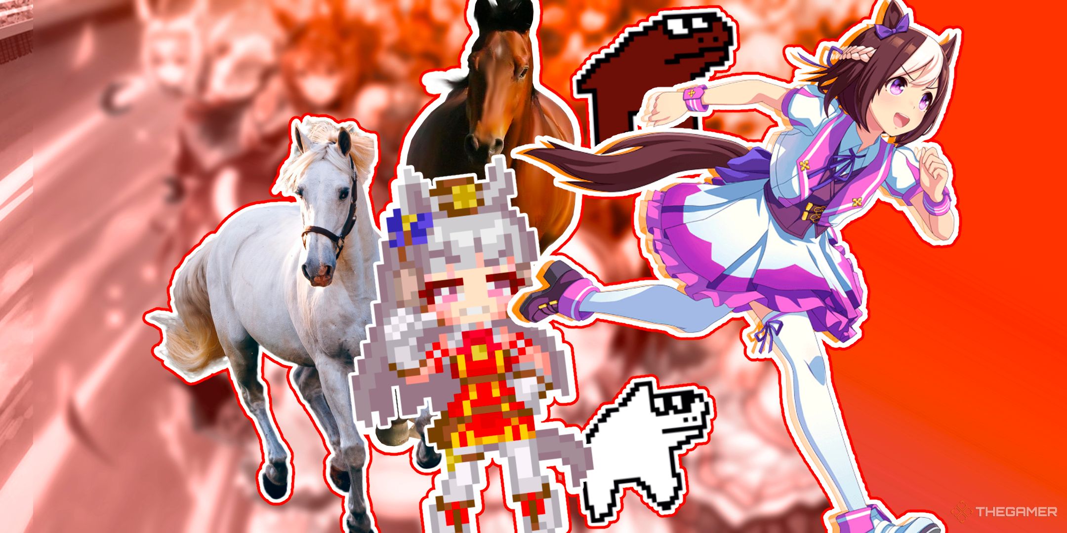 Special Week from Umamusume: Pretty Derby running ahead of some horses including Gold Ship, Door Knob and Superstitional Realism as well as two real horses.