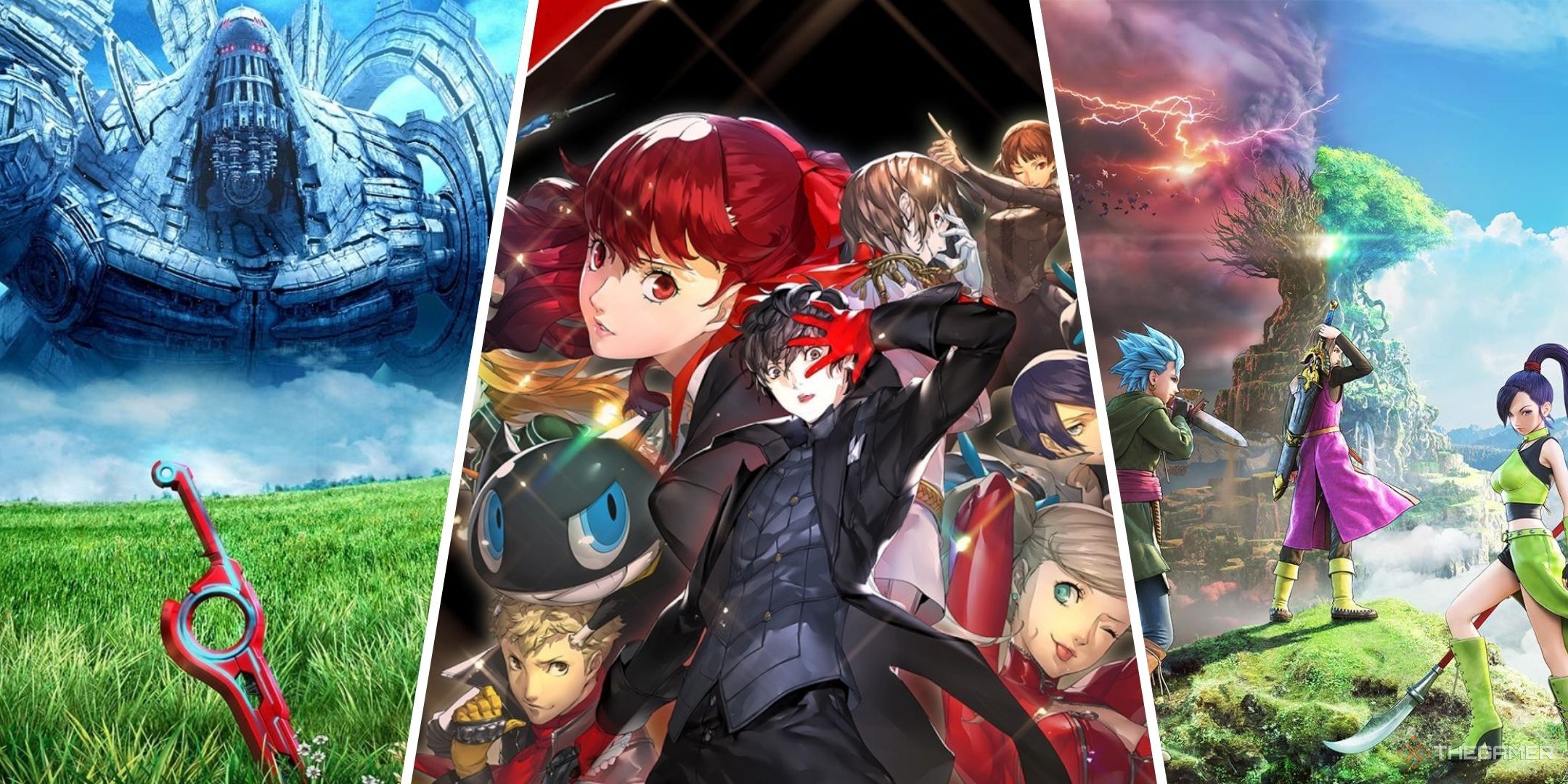 Split images of Xenoblade Chronicles, Persona 5 Royal, and Dragon Quest 11.