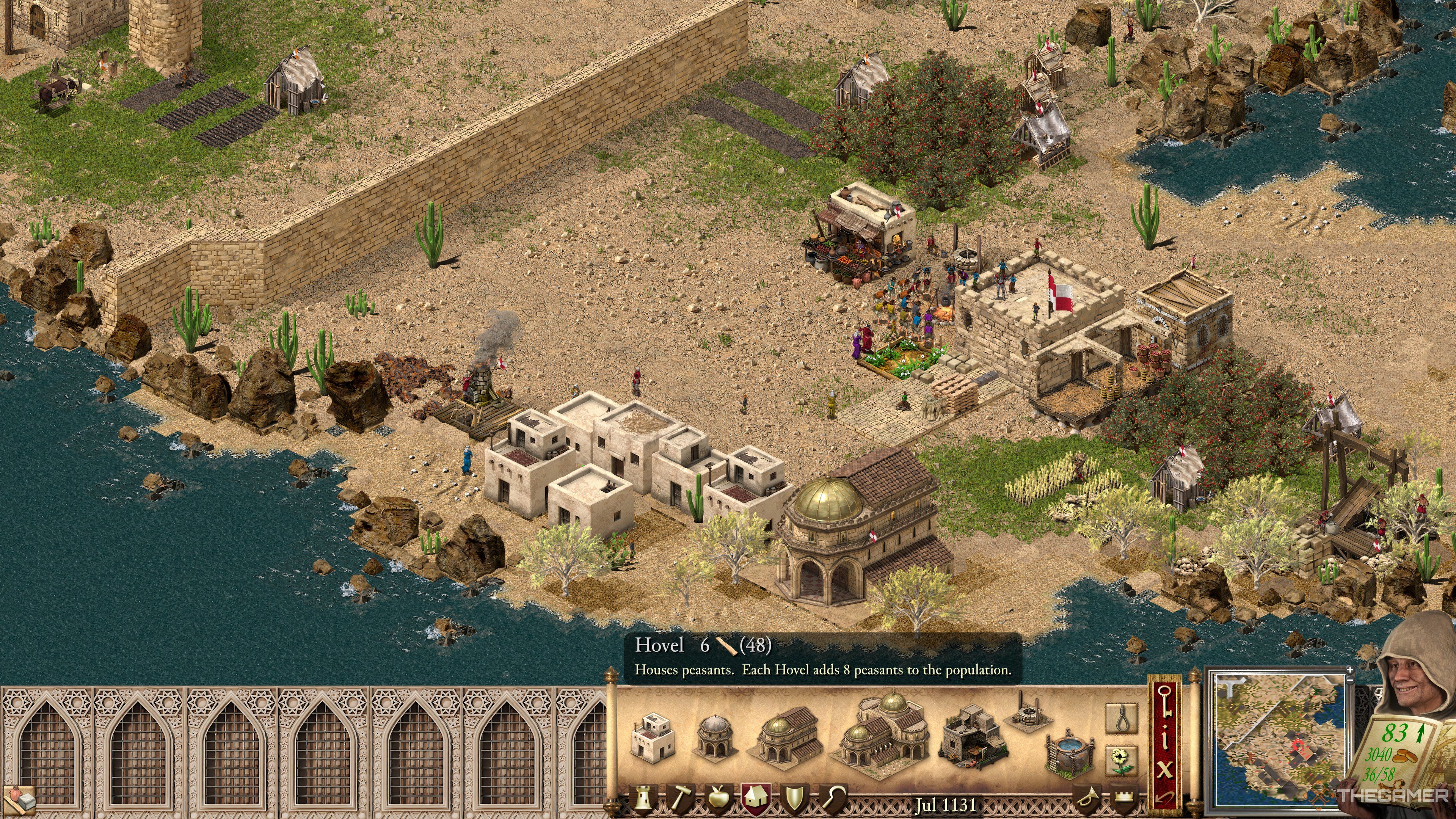 Stone hovel building and UI in Stronghold Crusader Definitive Edition.