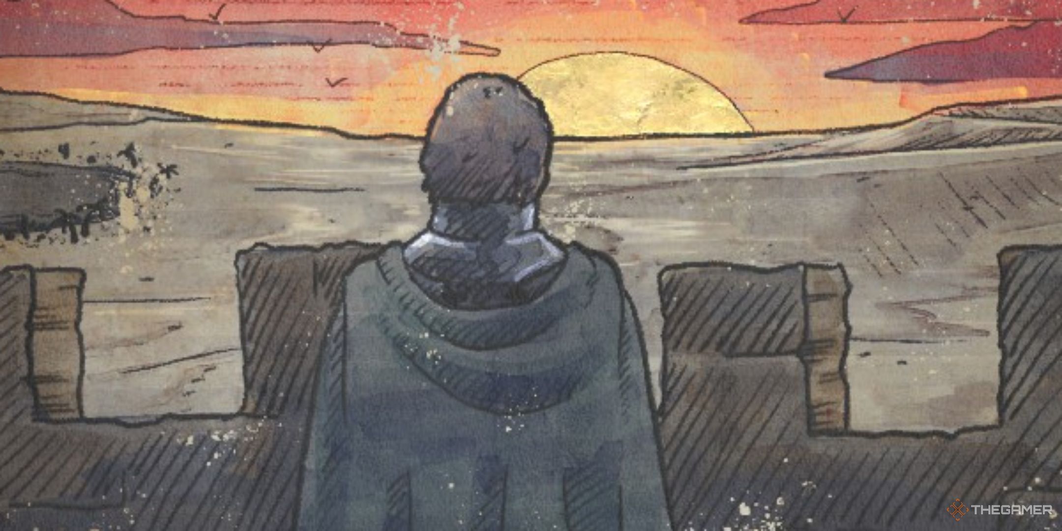 a stylized figure looks from crenellated castle walls over a sunset in a campaign illustration for stronghold crusader: definitive edition.