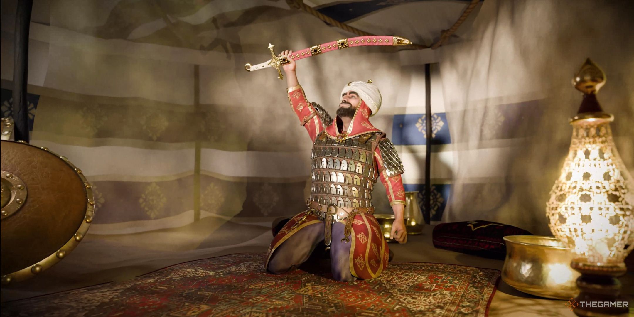 Saladin raises his sword in victory in Stronghold Crusader: Definitive Edition.