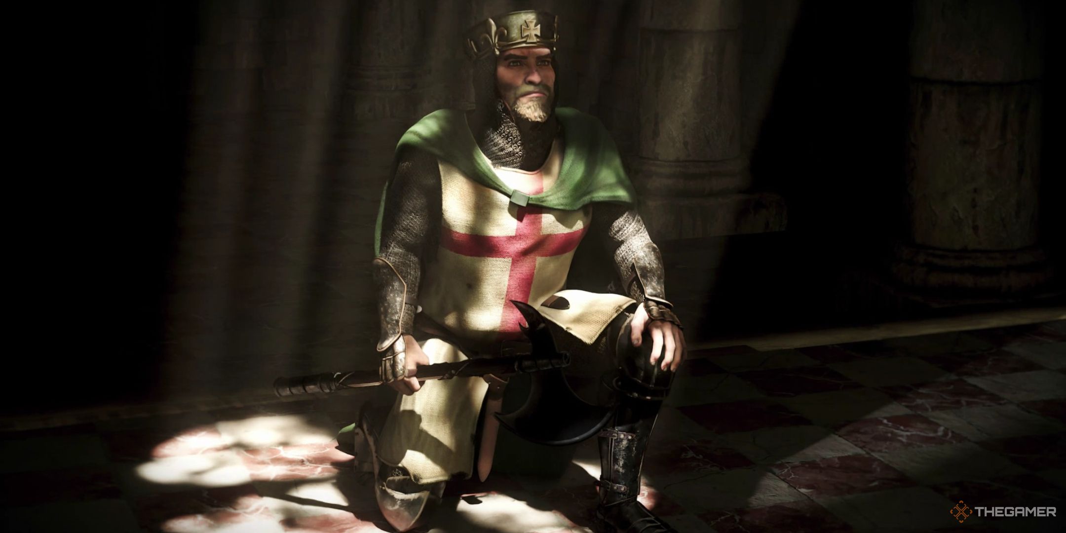 king richard rises from prayer after a victory in stronghold crusader: definitive edition.