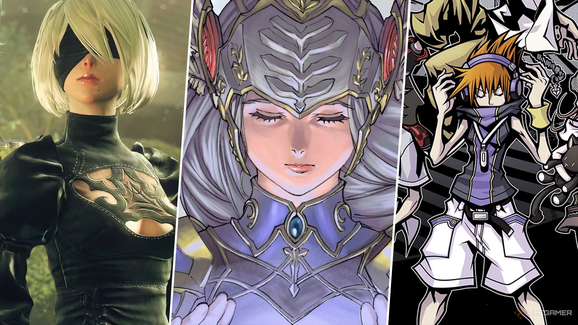 A split image featuring Nier: Automata, Valkyrie Profile, and The World Ends With You.