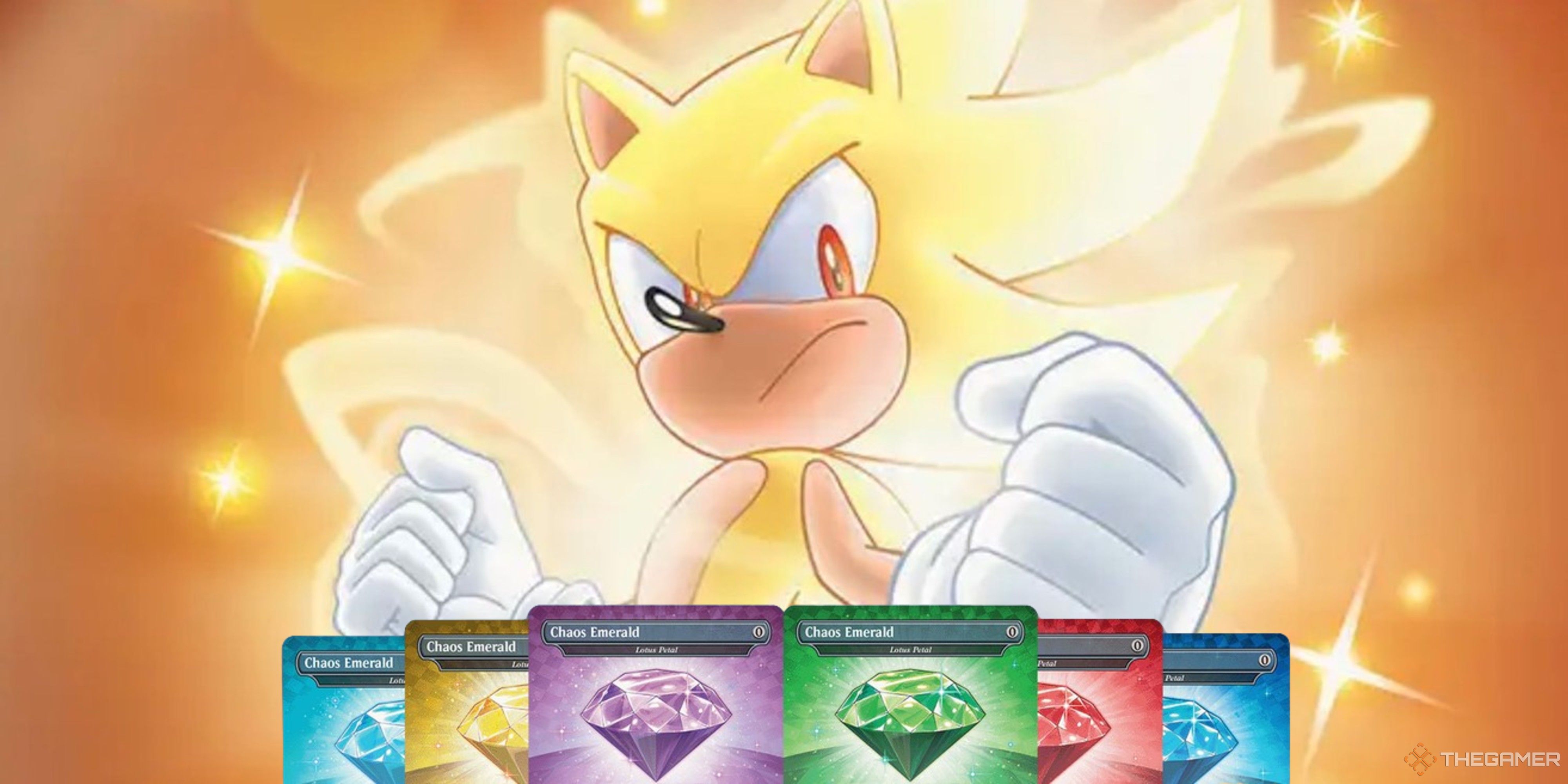super sonic magic the gathering secret lair art with chaos emerald bonus cards along the bottom.