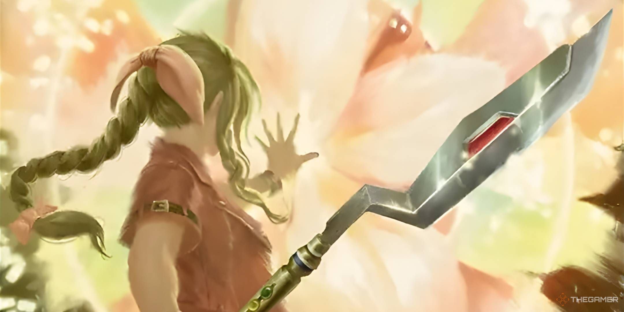 Aerith casts a flower-shaped spell while holding a spear.