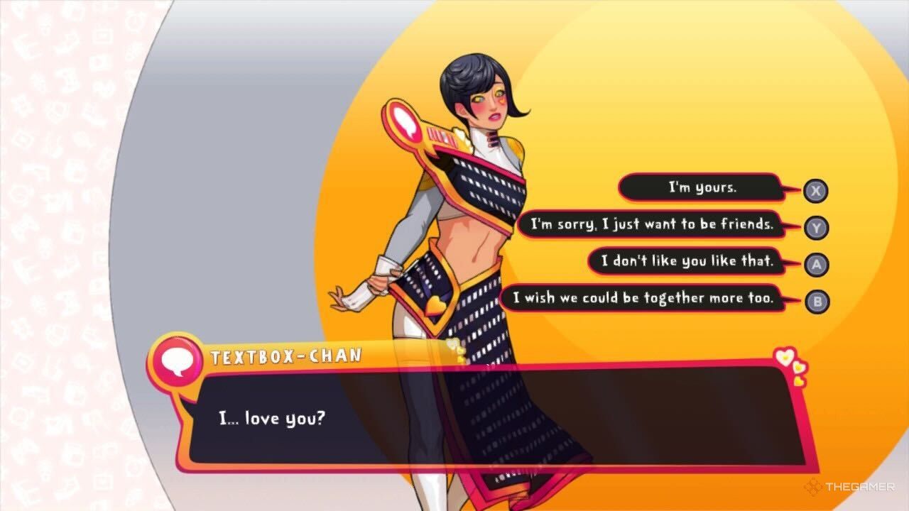Textbox-chan confessing her feelings in Date Everything.
