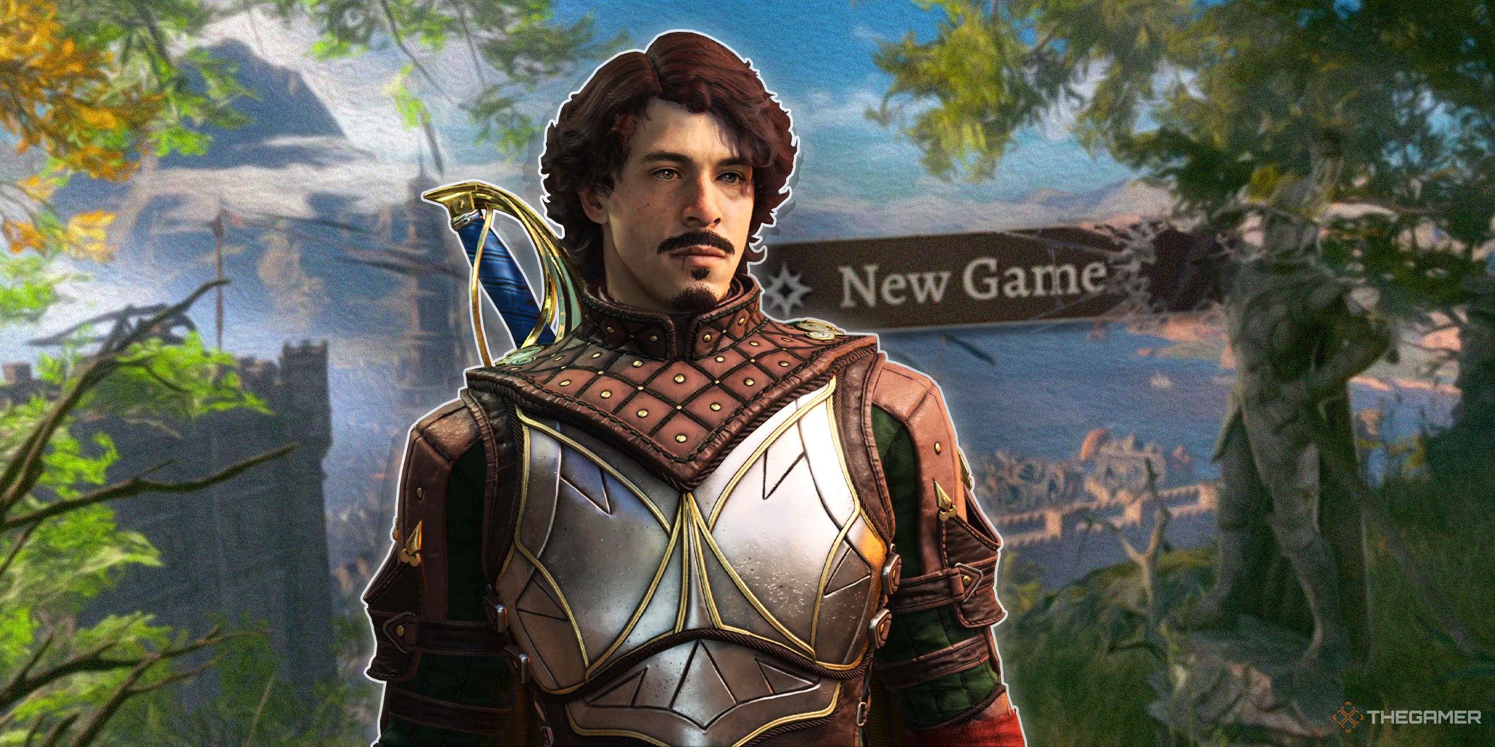 TG Baldur's Gate 3 New Game text with a bard in the centre.