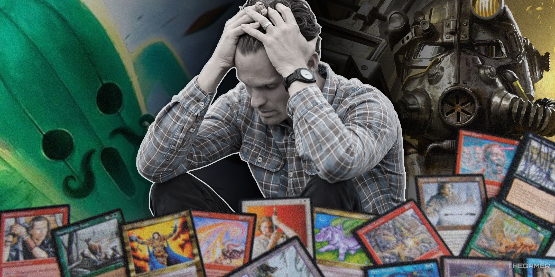 TG MTG guy with his head in his hands surrounded by magic cards and art from final fantasy and fallout.