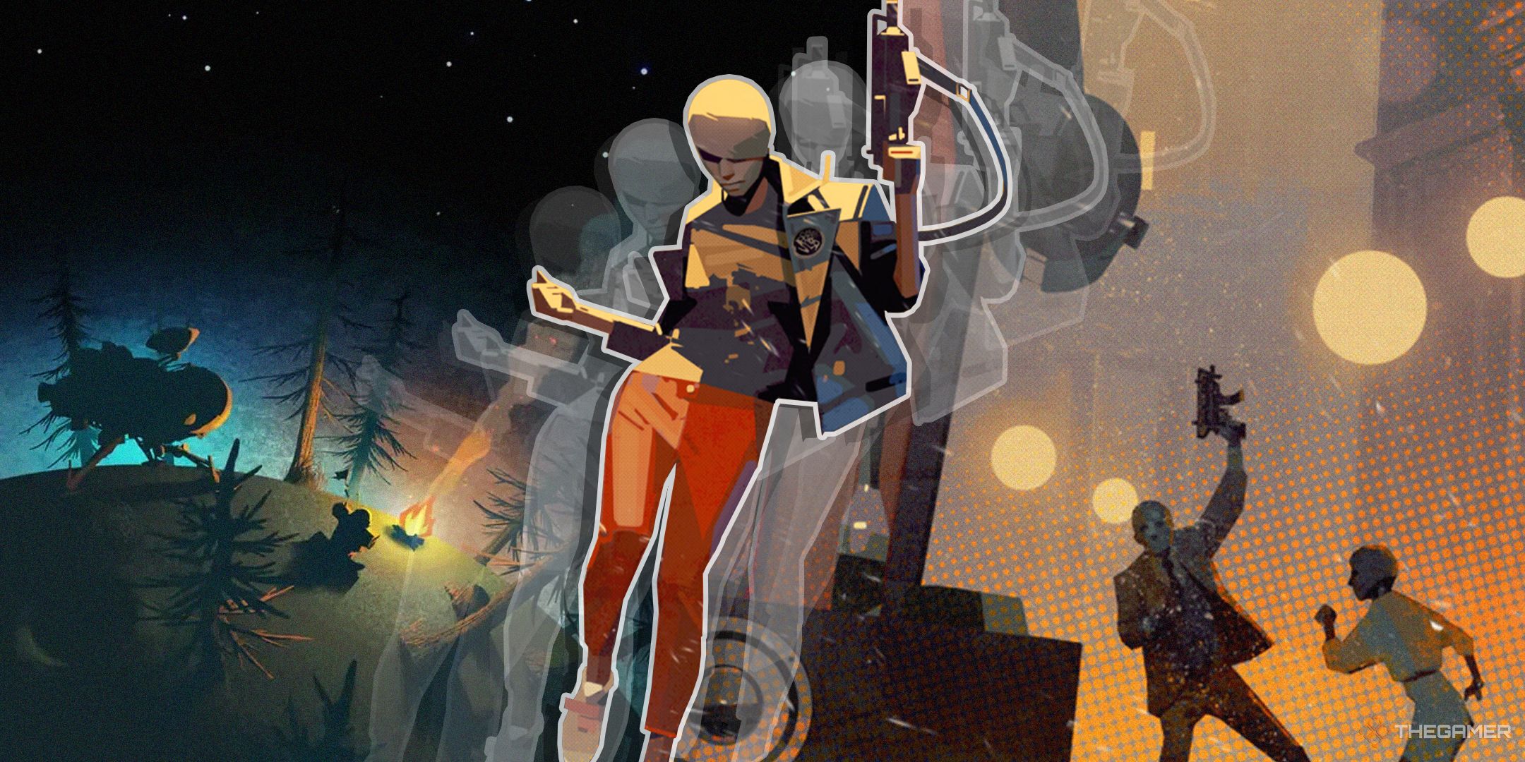 TG Time Loop Games Deathloop concept art with Outer Wilds key art split with a Deathloop character.