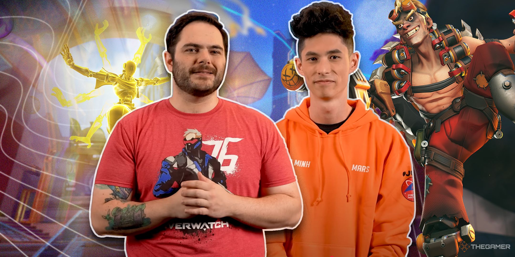 Dylan Snyder and Conor Kuo in front of Zenyatta and Junkrat in Overwatch 2.