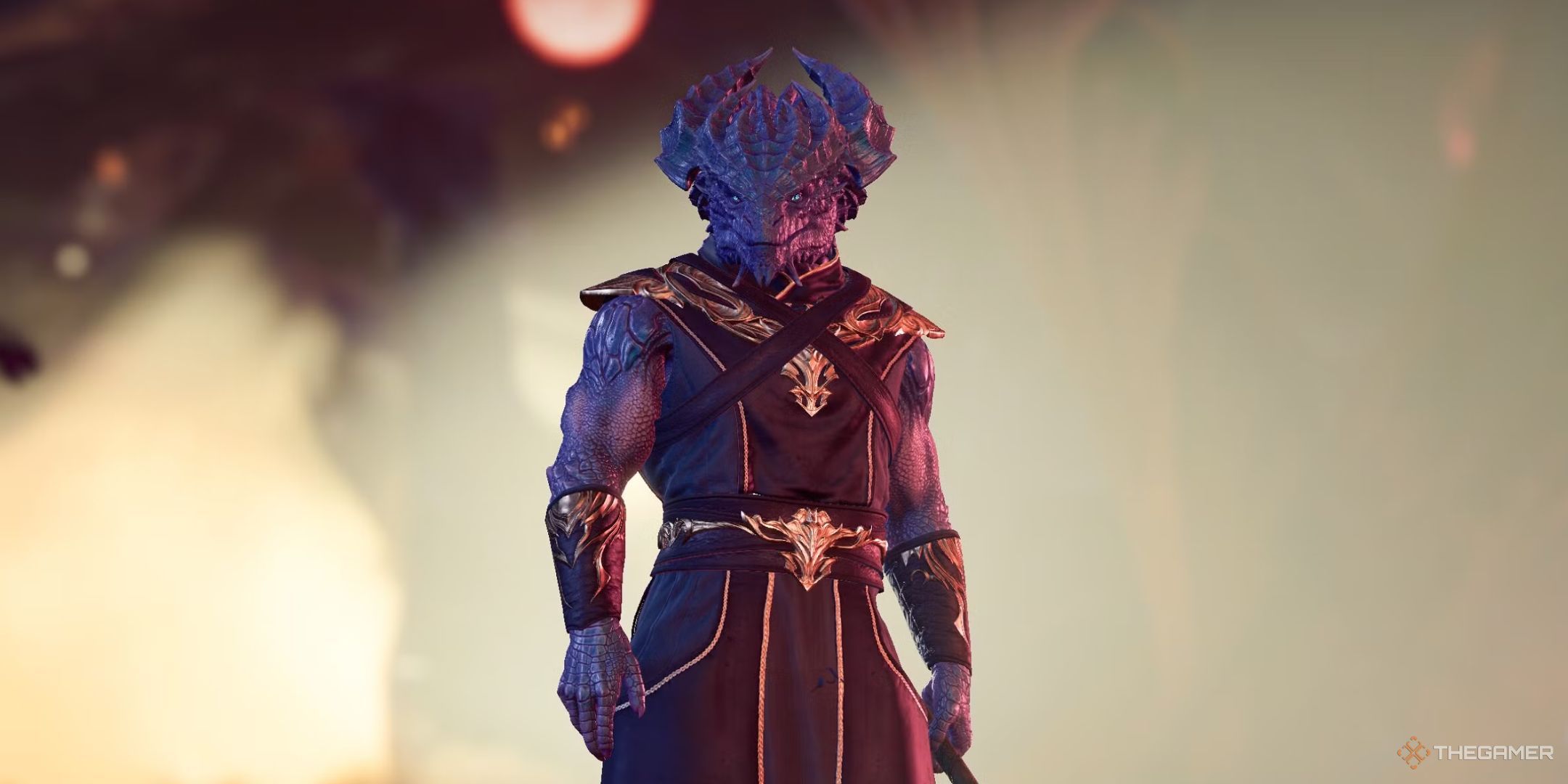 A Dragon Born character in Baldur's Gate 3. He is a humanoid with a dragon-like appearance. He is standing menacingly and looking at the camera.