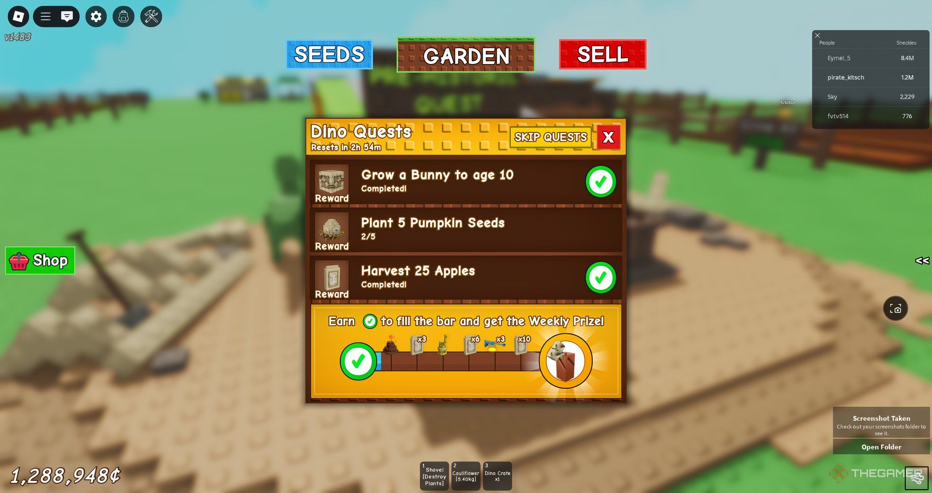 The Dino Quest screen in Roblox Grow a Garden.