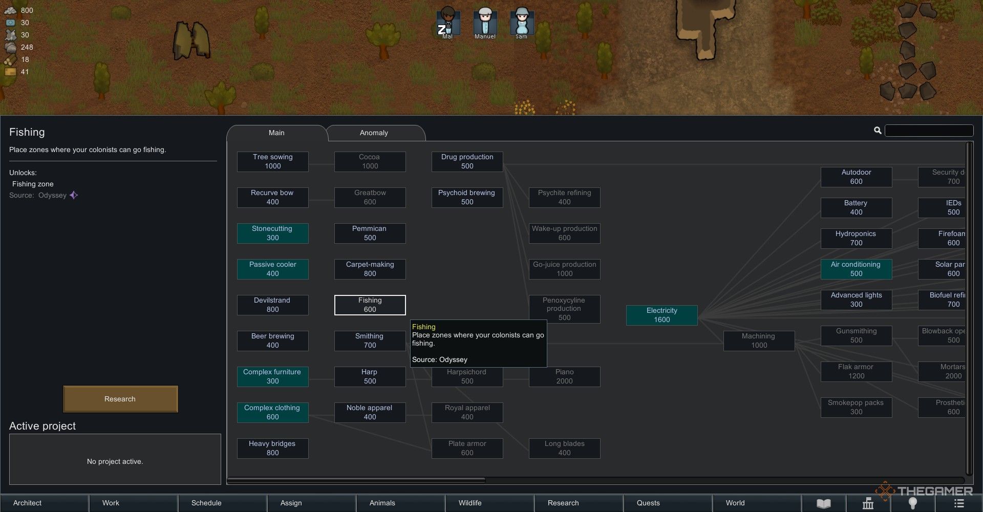 The fishing technology node in the research tree in Rimworld.
