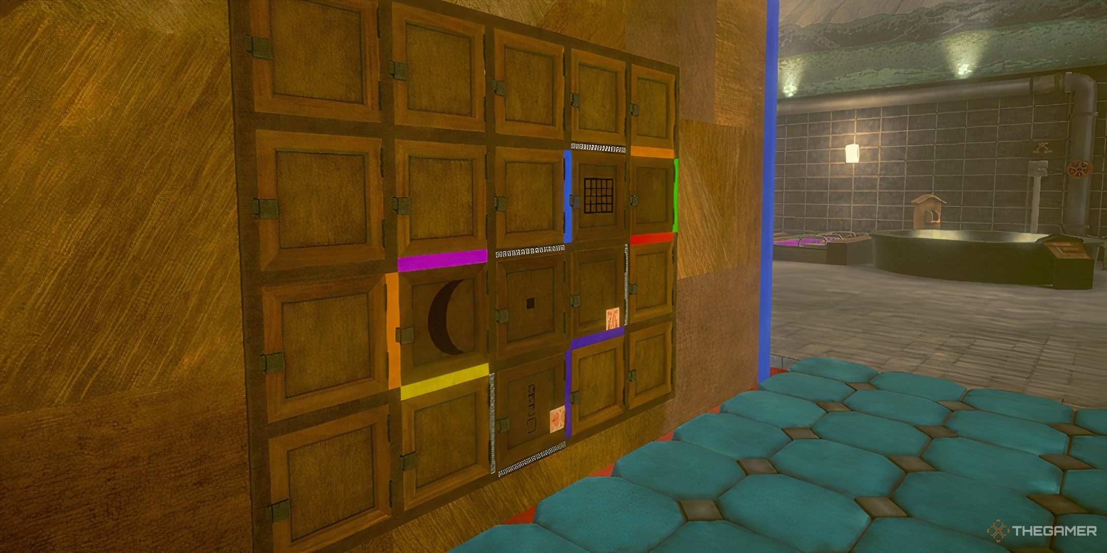 The light puzzle in the hot spring locker room before you solve it in No SLeep for Kaname Date.