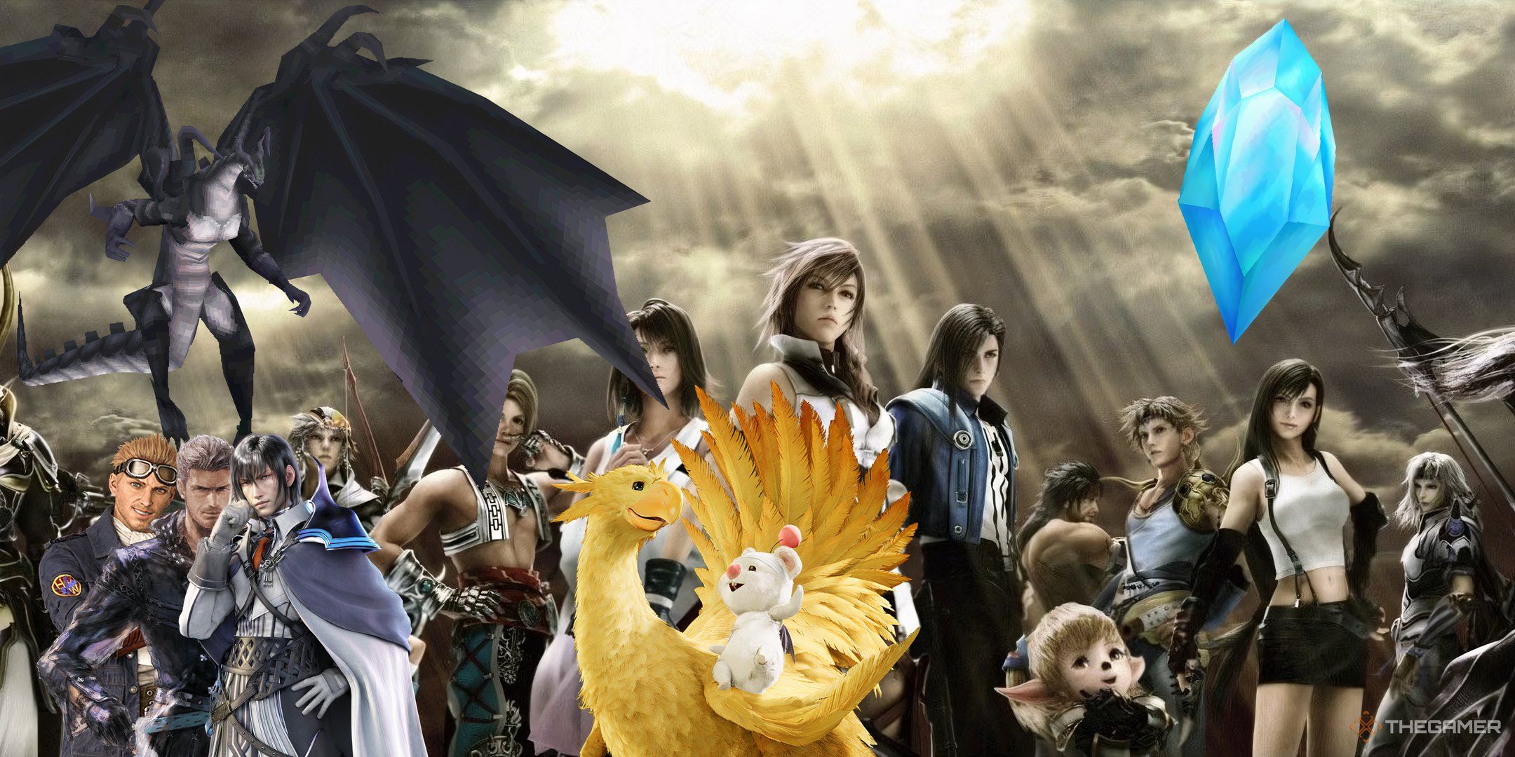 The main cast of Dissidia 012 with images of multiple Cids, a Bahamut, a Chocobo and Moogle, and Crystal overlaid.