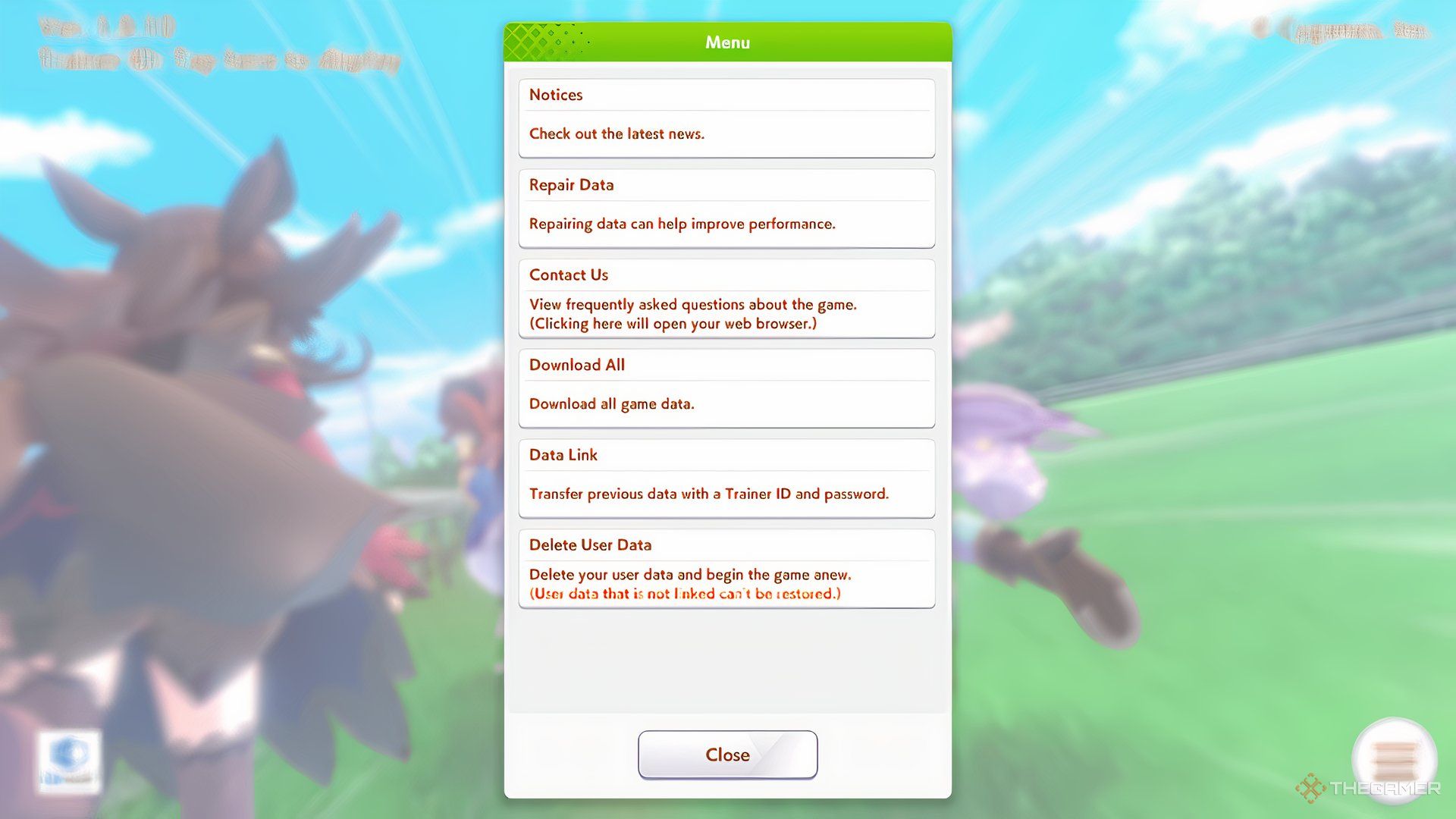 The menu shows the Link Data option in Umamusume Pretty Derby.