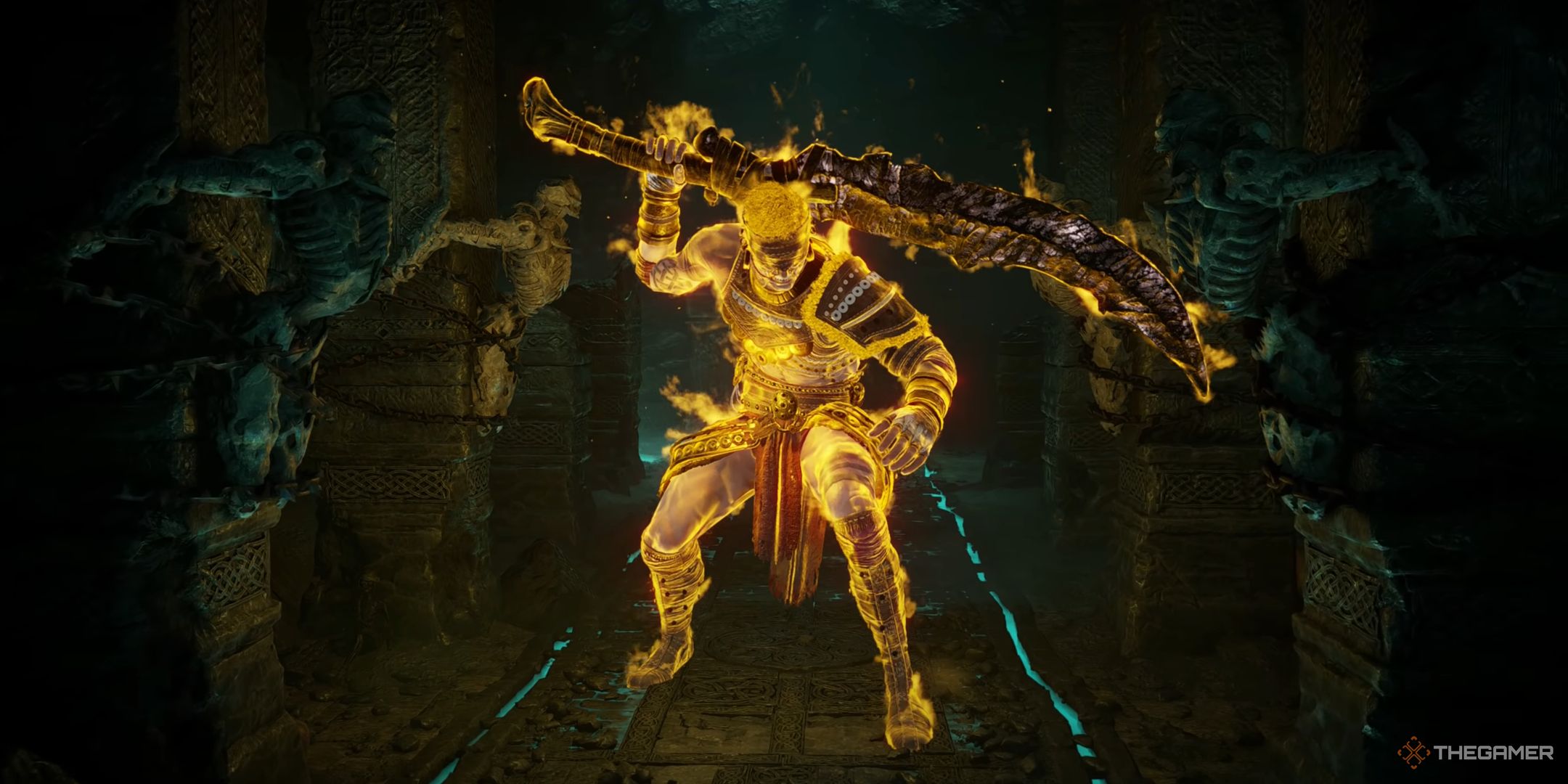 The Old Hero posing with their sword behind their back in Demon's Souls.