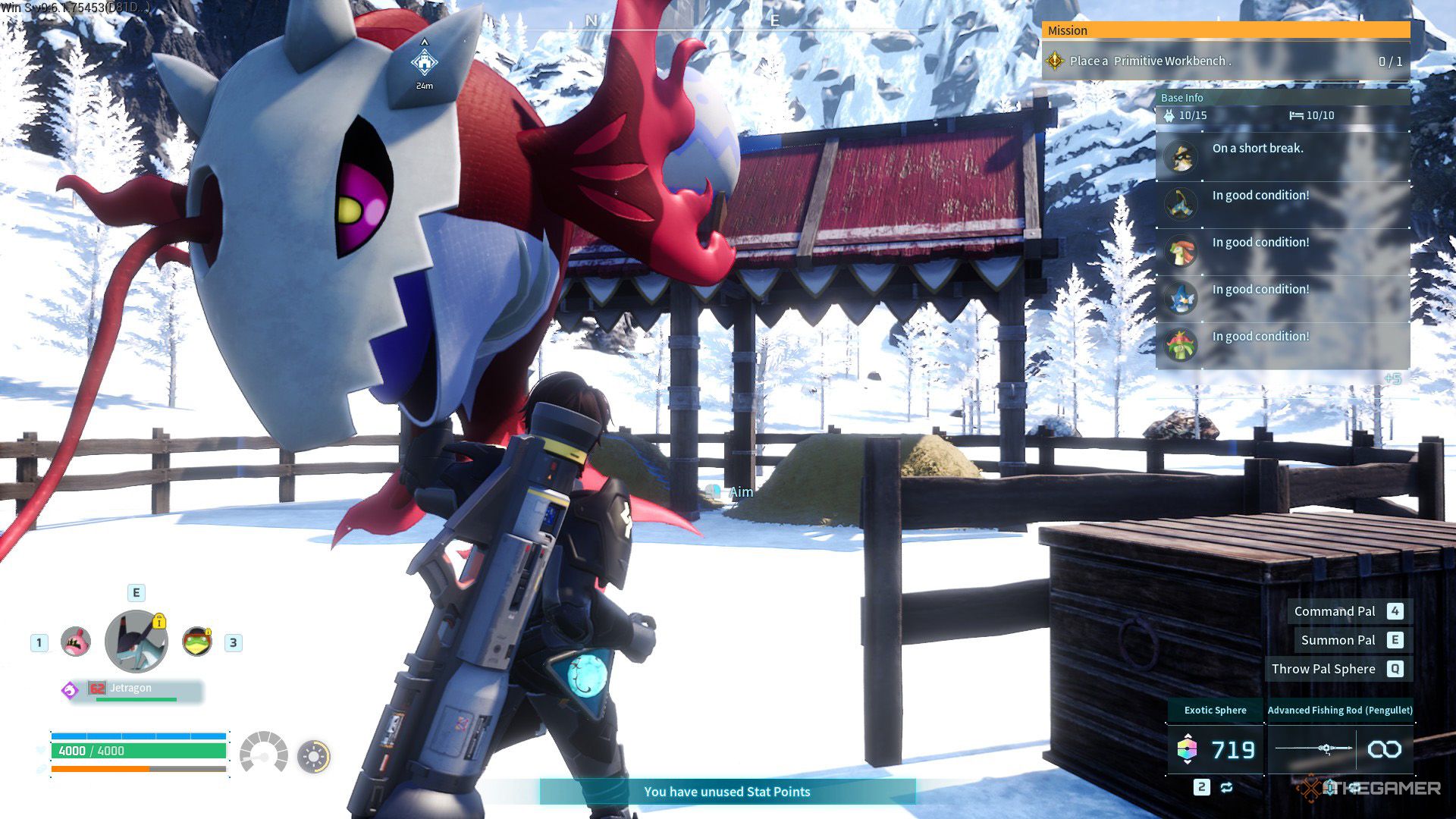 The player carries a Ghangler Ignis to breeding farm in Palworld.
