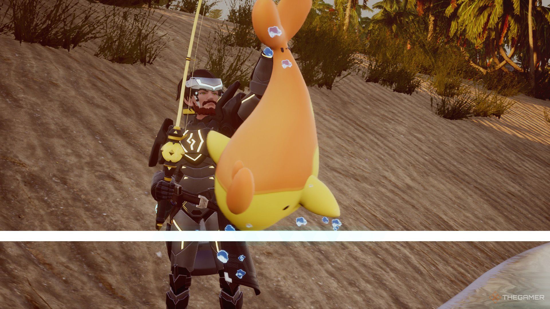 The player catches a wild Finsider while fishing in Palworld.