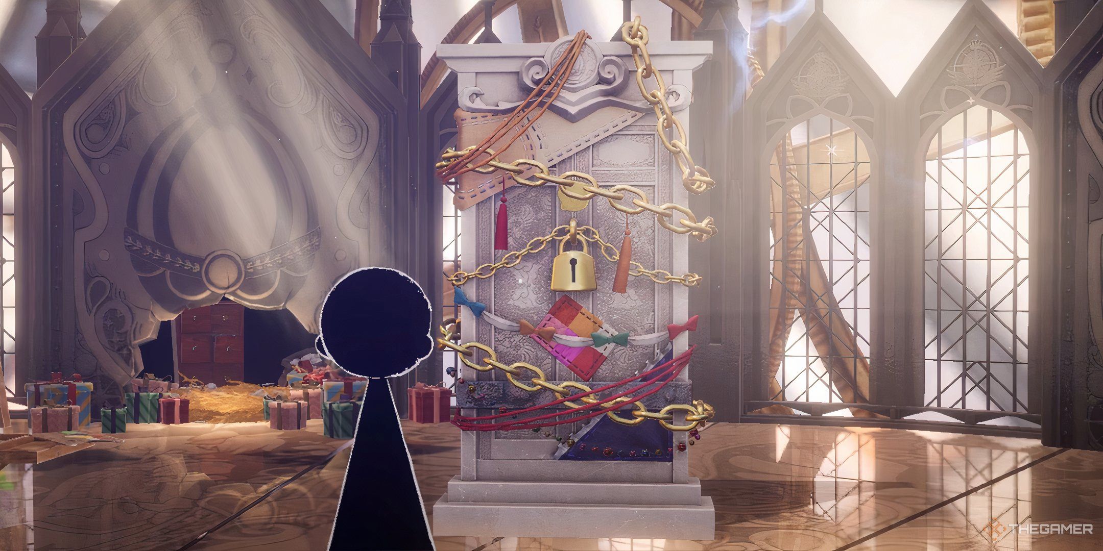 The player character standing by the locked door in the Lighthouse in Madoka Magica Magia Exedra.