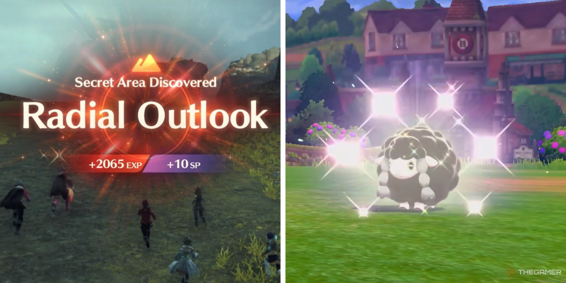 The player discovering the Secret Area Radial Outlook in Xenoblade Chronicles 3 and a player encountering a Shiny Wooloo in Pokemon Sword.