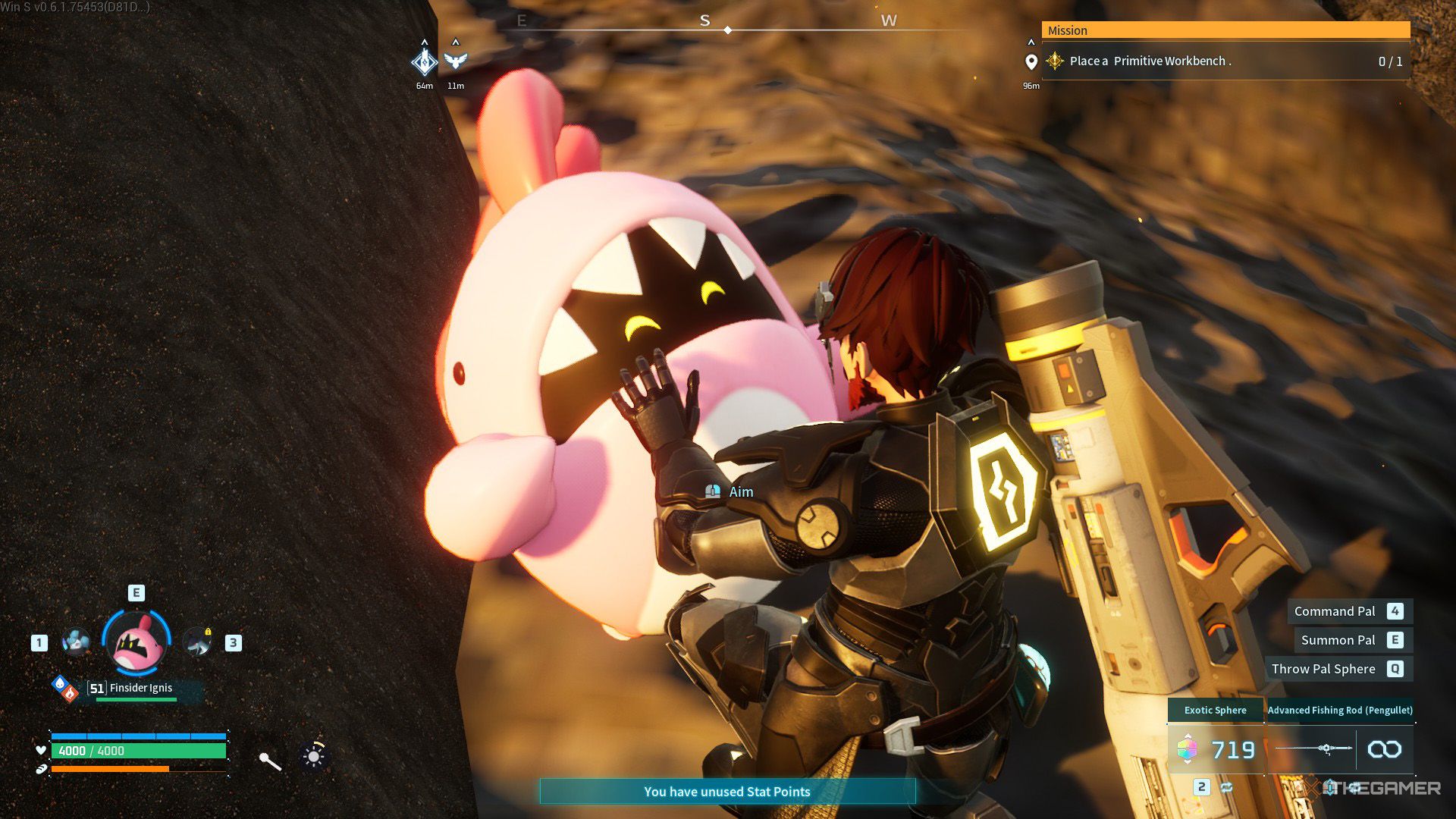 The player is petting a Finsider Ignis in Palworld.